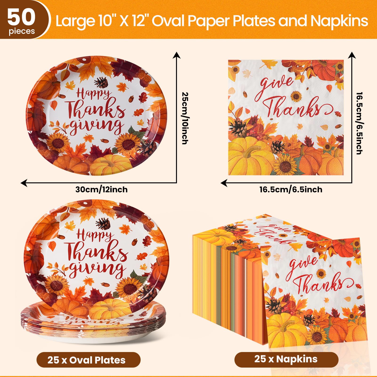 50 platos y servilletas de papel ovalados grandes de Acción de Gracias de 10 x 12 pulgadas, platos y servilletas de papel de otoño, suministros desechables para fiesta de otoño para decoración