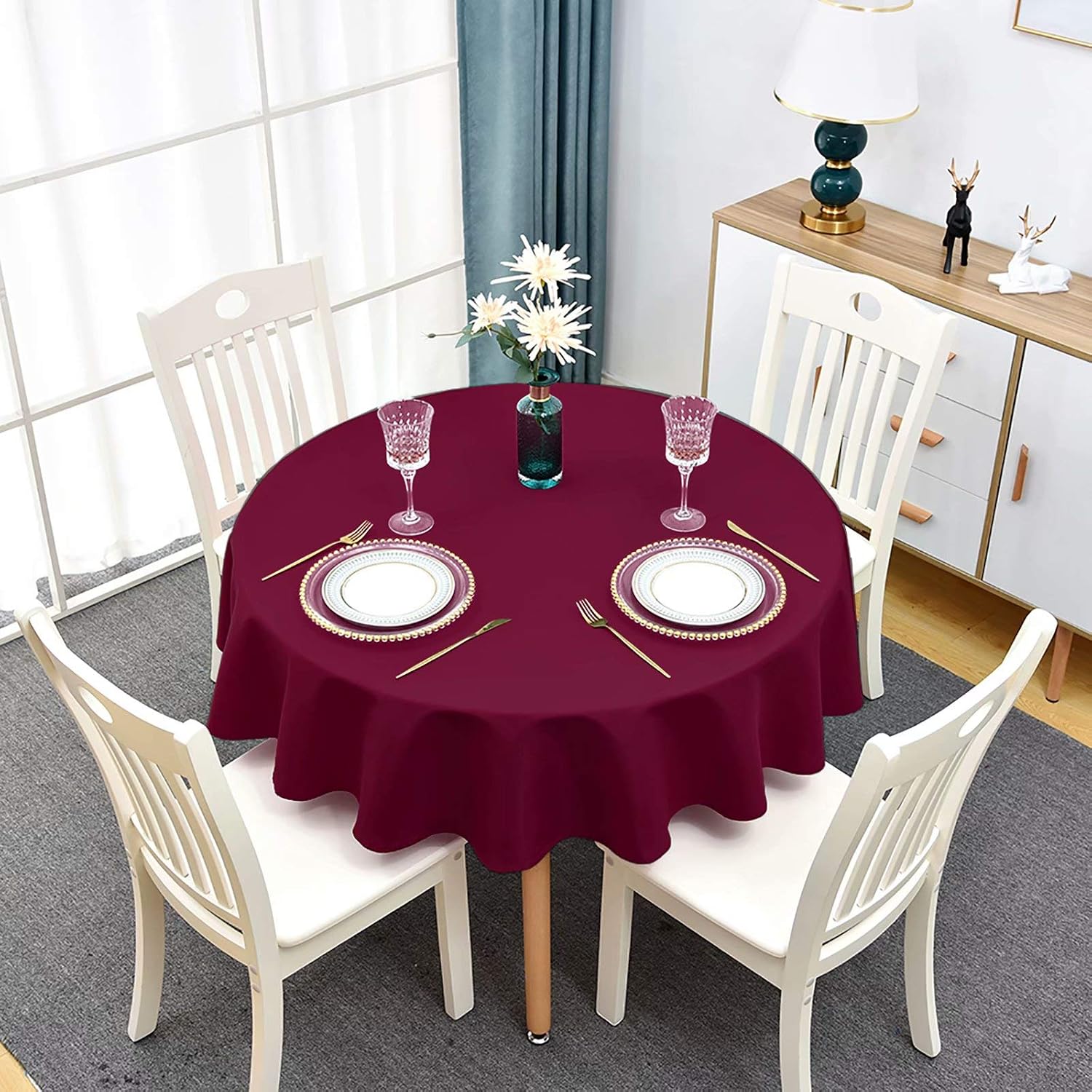 Round Tablecloth - 70 Inch - Waterproof and Stain Resistant Washable Polyester Table Cloths, Decorative Fabric Table Cover for Kitchen, Dining, Parties, Indoor and Outdoor Use,Burgundy