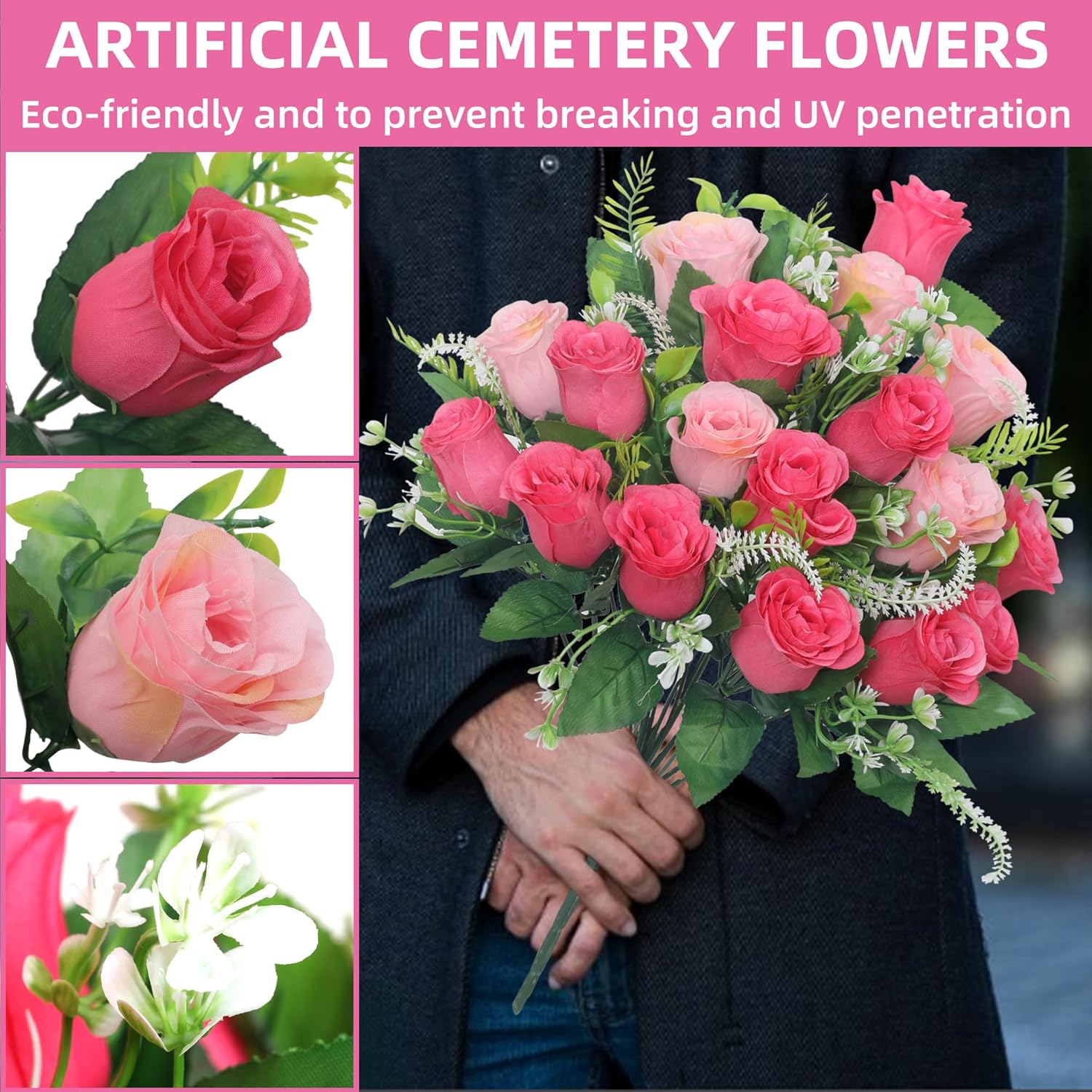Set of 2 Artificial Cemetery Flowers, Grave Memorial Flowers with Vase, Outdoor Grave Decorations Roses for Cemetery Headstones Decoration (Pink) - Image 5