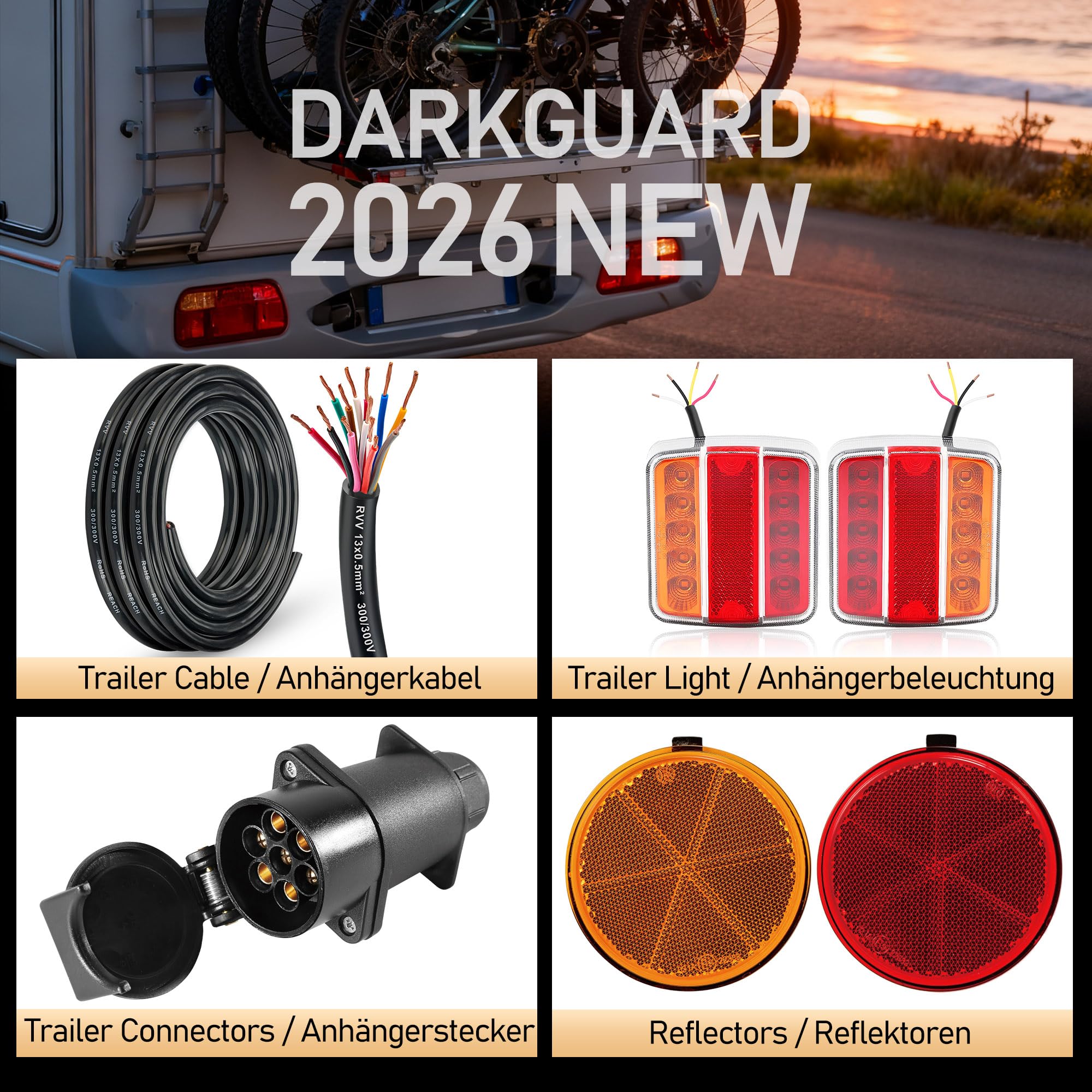 Quadrato Fanali Posteriore Rimorchio LED Omologati E-Mark 12V/24V Impermeabili IP67, 5-in-1 Rosso(Luce di Frecce/Posizione/Targa/Freno/Riflettore) Fissaggio con Perno Per Rimorchio Furgoni