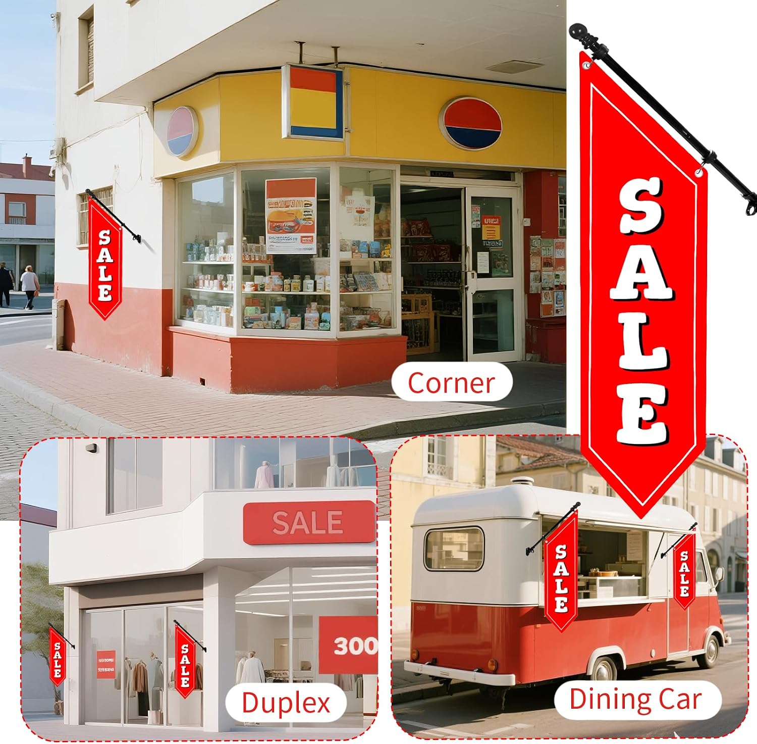Heavy-Duty Double-Sided 42x12 SALE Flag Banner for Storefront – Outdoor Business Advertising Sign with Metal Bracket & Pole Kit – Weather-Resistant Commercial Display (Red)