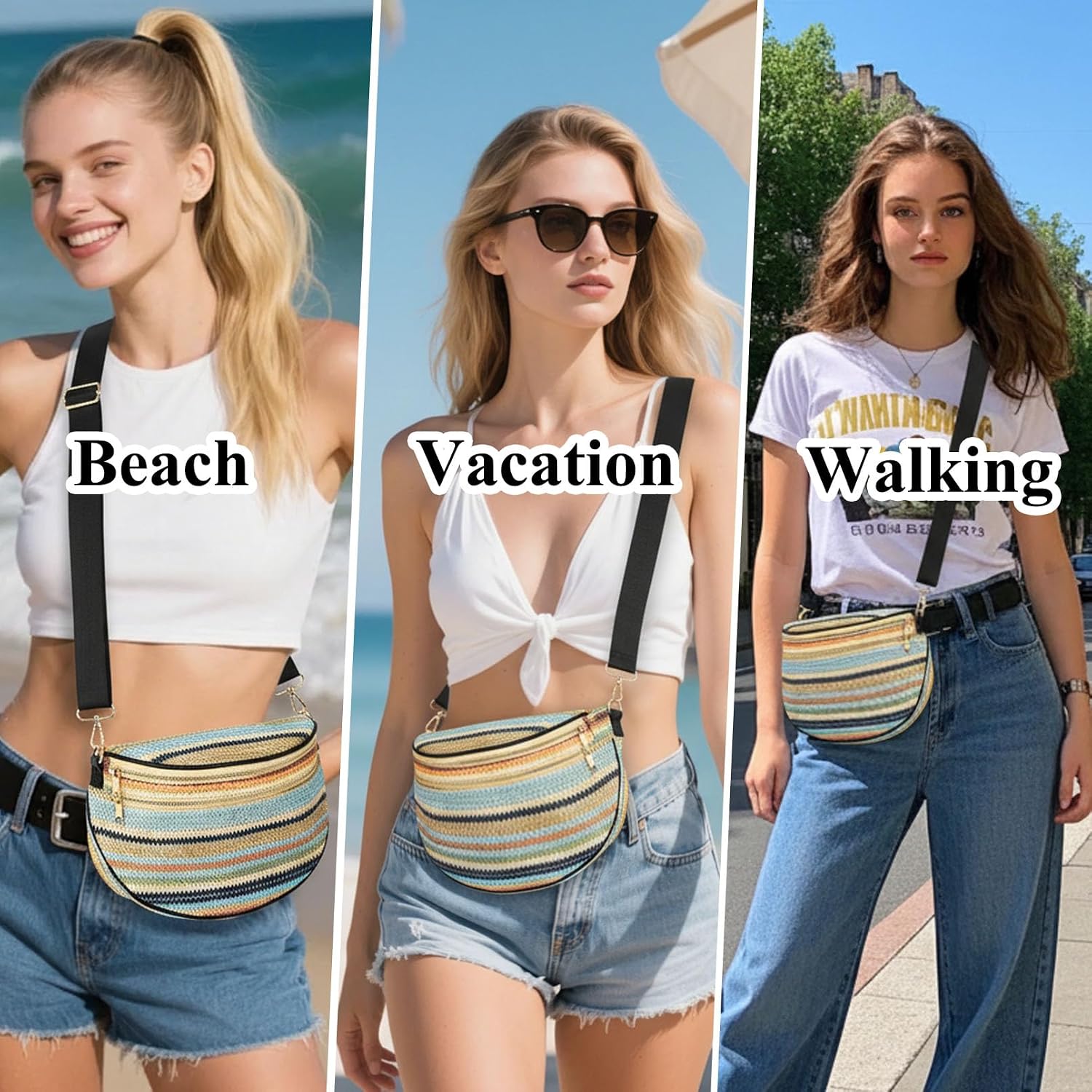 Summer Straw Bum Bag for Women, Woven Crossbody Fanny Pack with Adjustable Strap, Lightweight Vacation Waist Bag