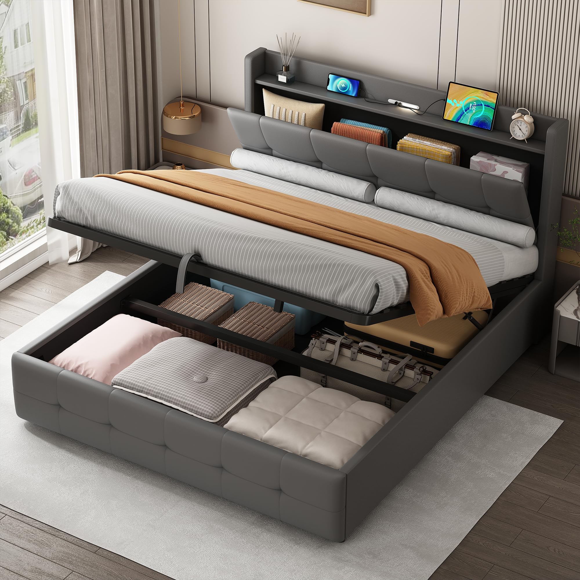 4ft6 Double Bed Frame with Hydraulic Lift and Concealed Storage Headboard, PU Leather Functional Upholstered Ottoman Storage Bed with LED Night Light&Charging Station&Wooden Slats, Grey, No Mattress