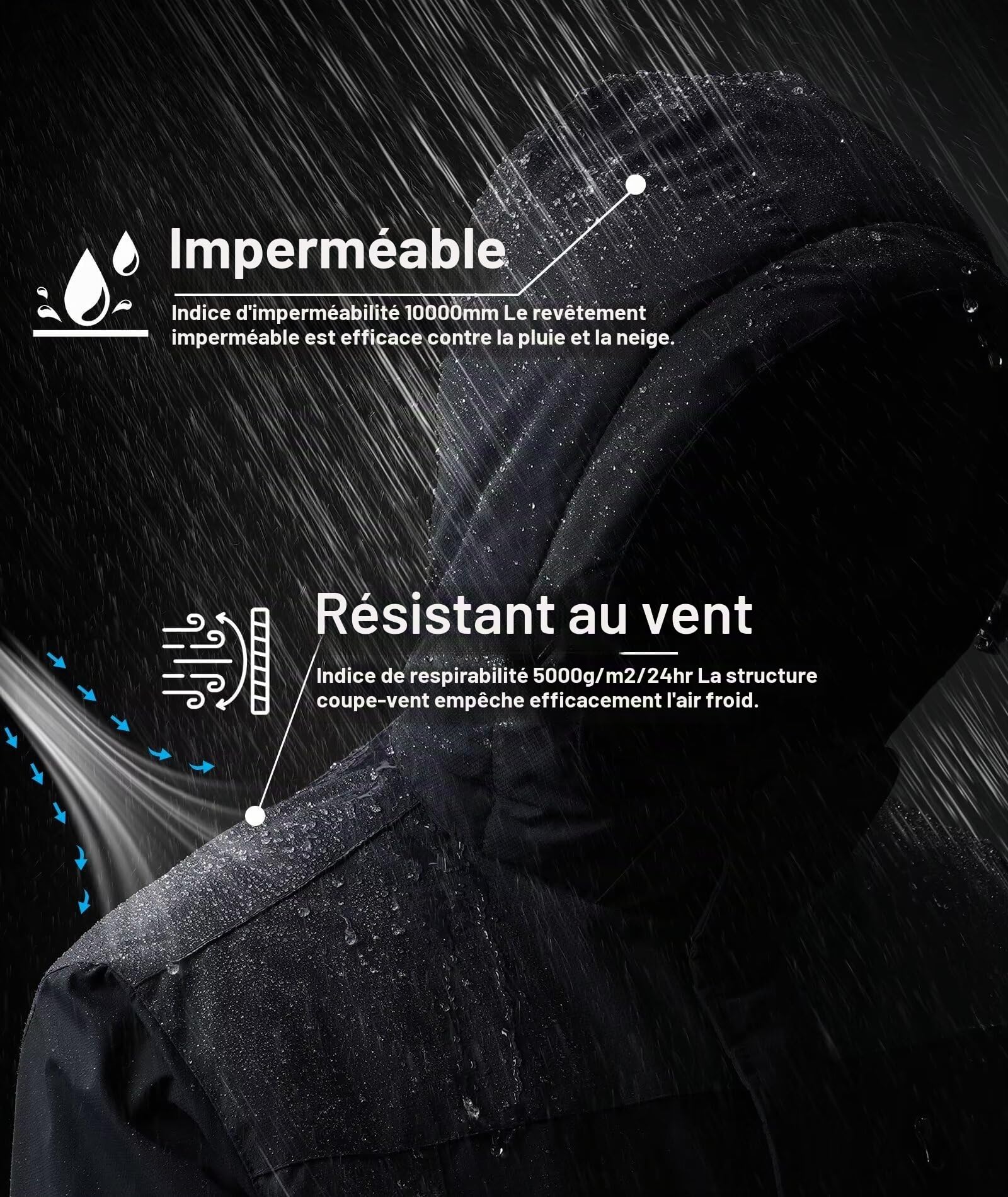 Zoofly Veste Homme Hiver Coupe-Vent Manteau Ski Homme Poches Zippées Veste Imperméable Chaud Doublure Polaire Veste De Montagne avec Capuche Amovible