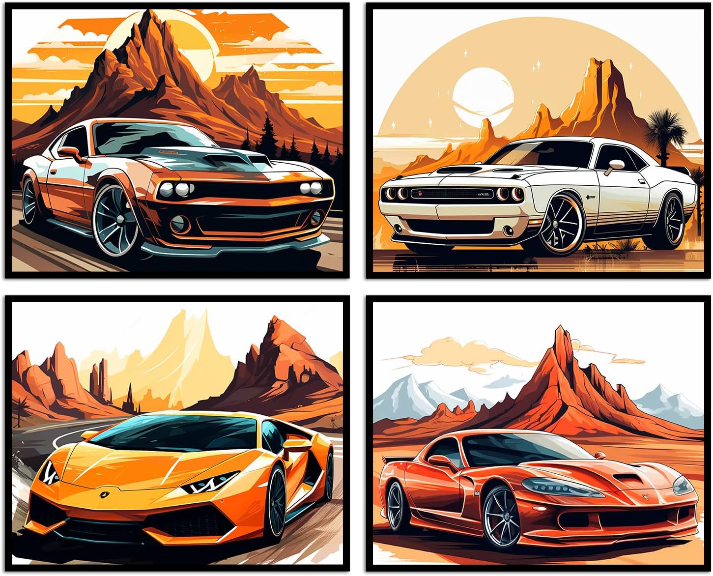 CNTG Design Pósteres retro para automóvil, juego de 4 (10 x 8 pulgadas, sin marco) impresiones artísticas clásicas de pared para habitación de