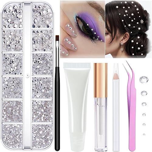 Gemas faciales para el cabello con pegamento de maquillaje, diamantes de imitación plateados transparentes con parte trasera plana para maquillaje,
