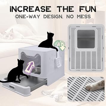 Tokenkuko Stainless Steel Foldable Litter Box with Lid,Enclosed Cat Litter Box,Front Entry Top Exit Kitty Litter Box,Large Litter Box with Cat Litter Scoop, for Small to Large Sized Cats(Gray)