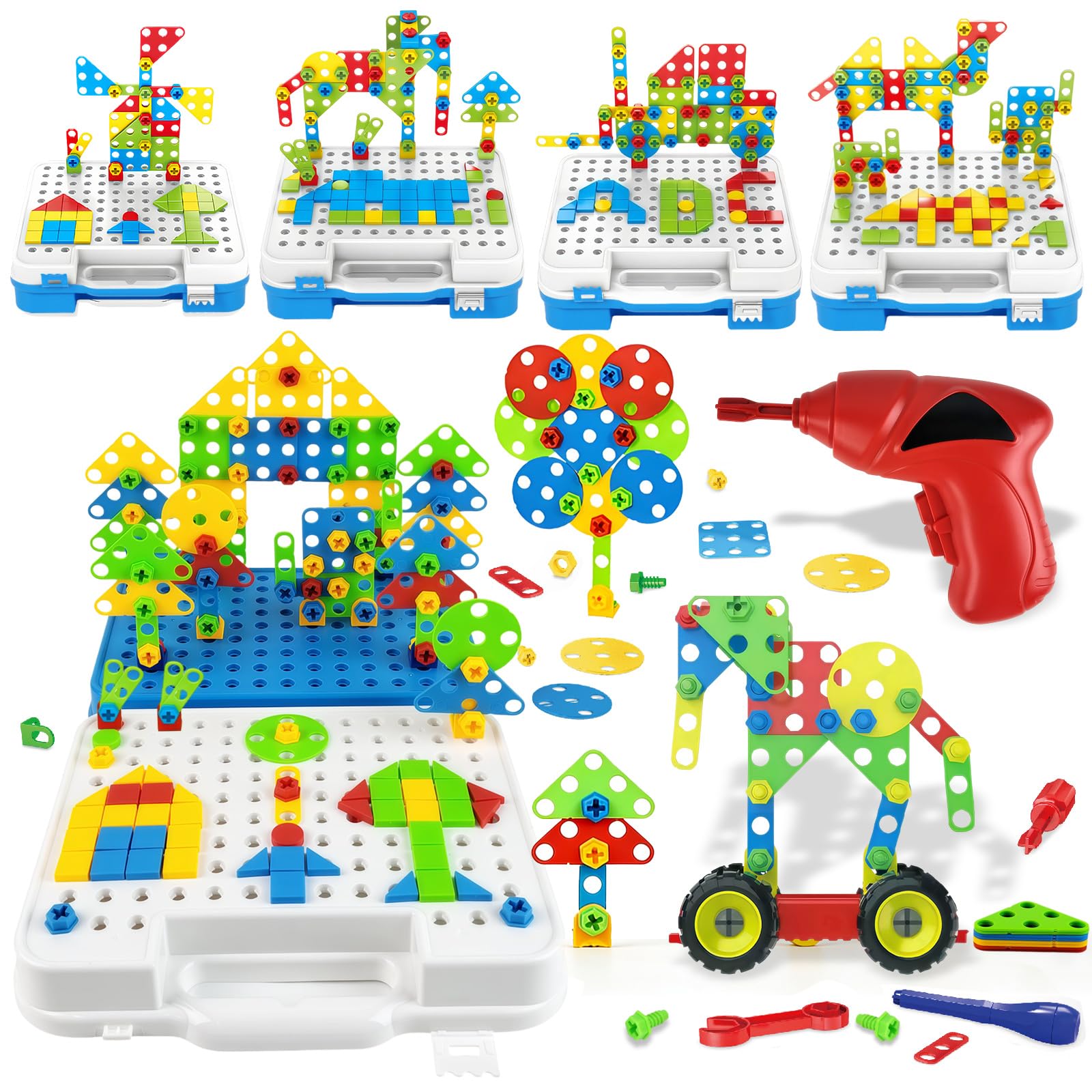 315 PCS STEM Educational Building Toys for Kids Ages 4-8, Building Blocks with Electric Drill Toy, Toddler Screw Toy, Kids Tool Set, Creative Mosaic Montessori Play Toolbox for Boys Girls Preschool