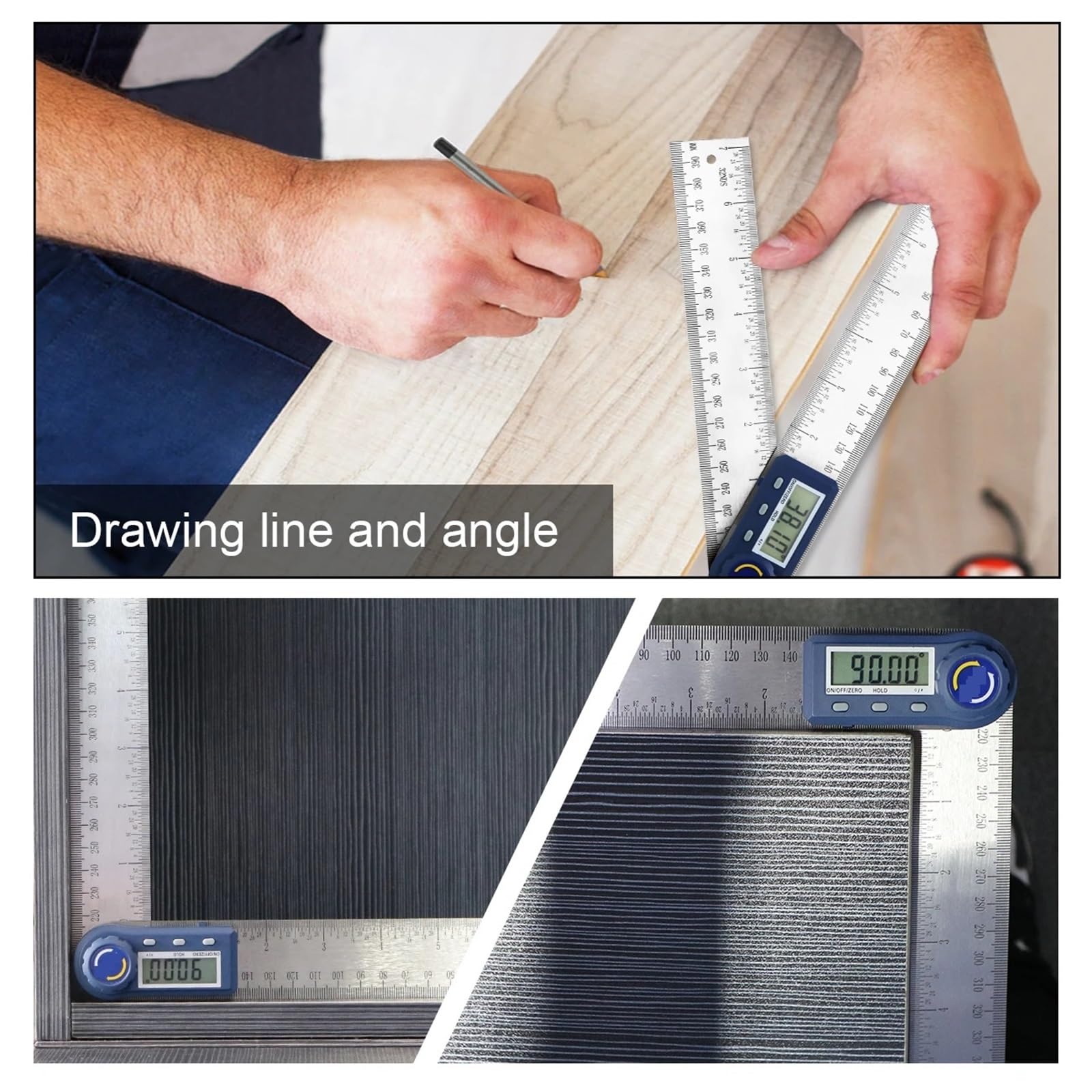 Rapporteur d'angle, Règle de détecteur d'angle numérique 7 pouces/200 Mm en acier inoxydable avec boîtier, détecteur d'angle de rapporteur numérique for la mesure du travail du bois(0-200mm widen)