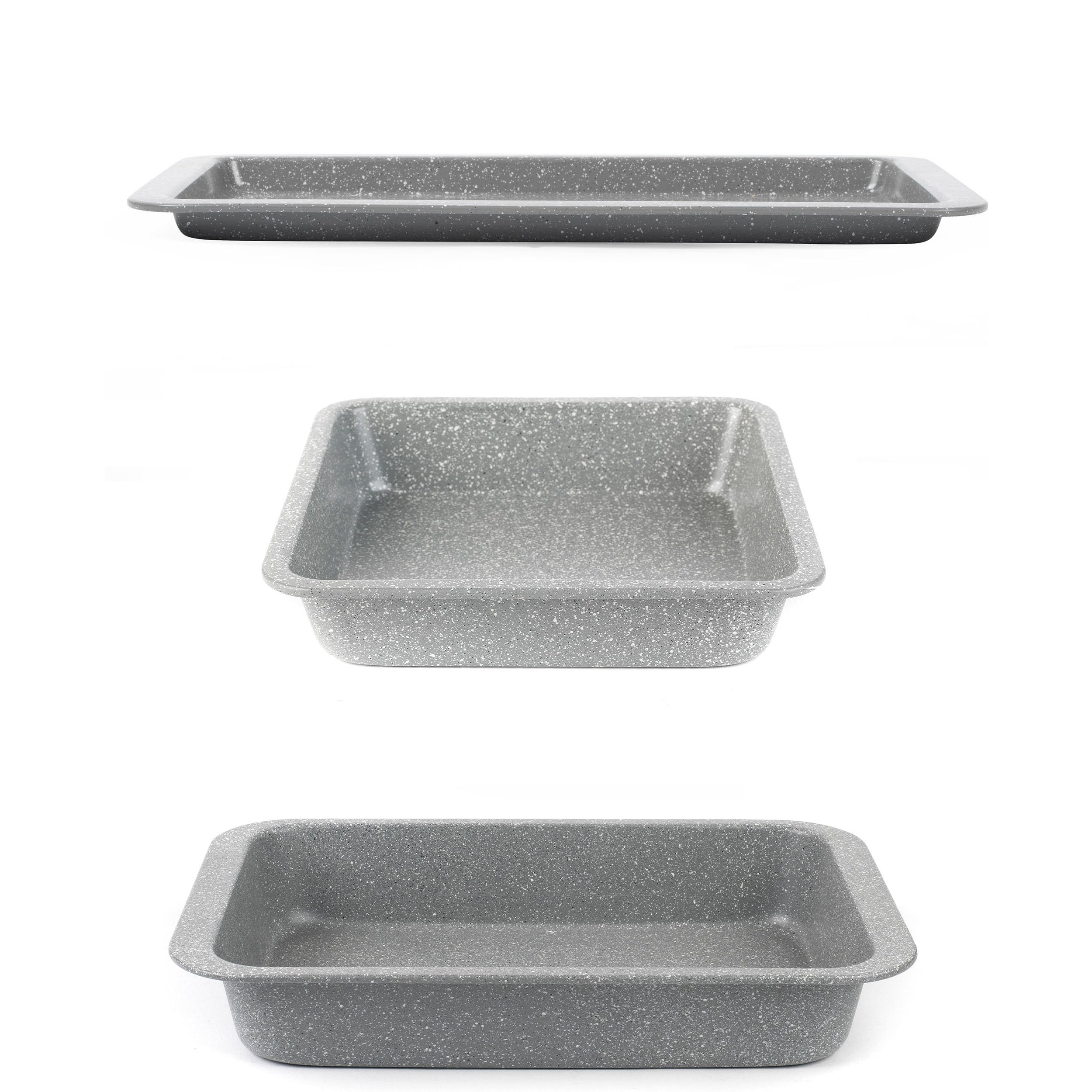 Marblestone 3-Piece Baking Set - Non-Stick Oven Trays, Lightweight Carbon Steel, Easy Wipe Clean, Includes a 36cm Roaster, 37cm Baking Tray, 23cm Square Tray, Oven Safe to 220°C, PFOA Free