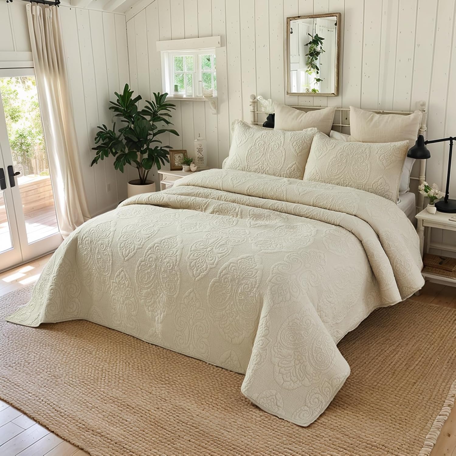 Brandream Queen Size Quilt Set Cotton Beige Quilted Comforter Set Luxury Paisley Matelasse Coverlet Set 3-Piece | Elegant Paisley, Real Stitching, Breathable Cotton, All Season Thickness, Durable Quality - Image 6