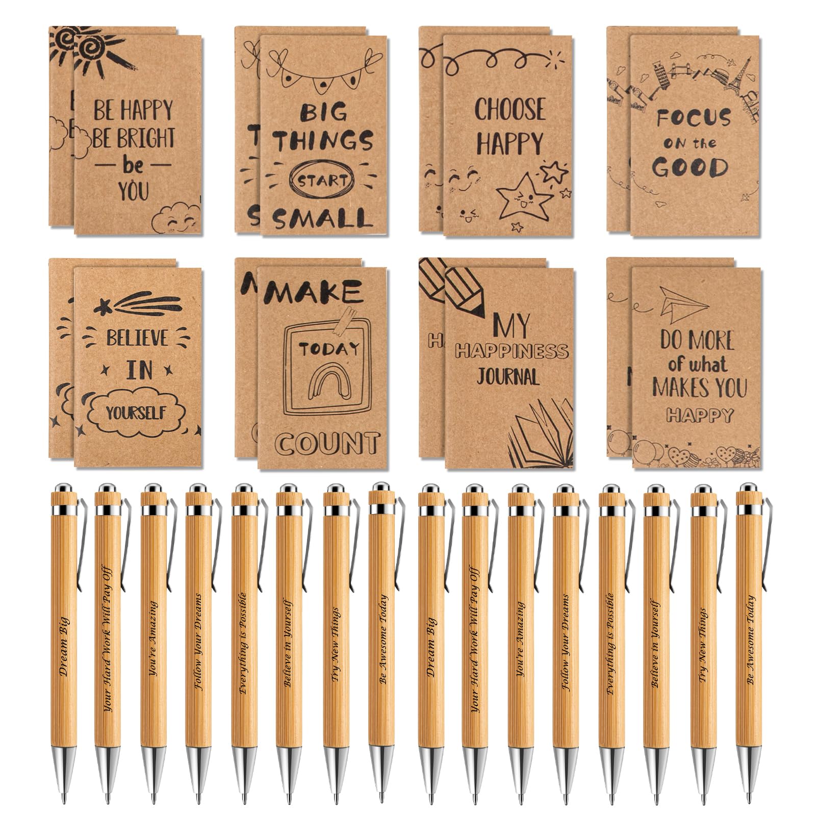 kioooki Bulk 32 pcs Blank Inspirational Kraft Notepads and Wooden Pens Set, Mini Notebooks with Black Ballpoint Pens Motivational Bulk Journals Gifts