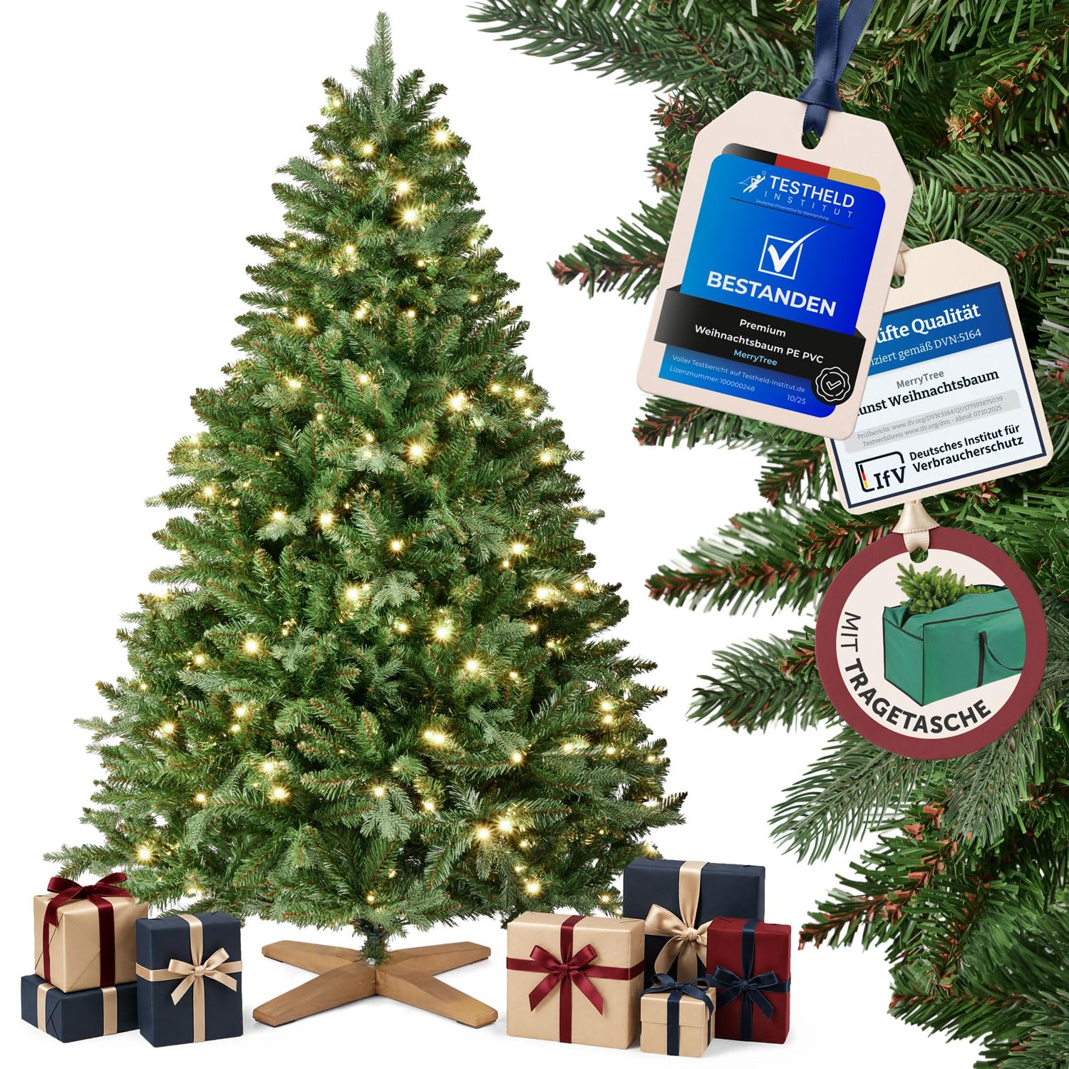 MerryTree Premium künstlicher Weihnachtsbaum 180 cm - Weihnachtsbaum künstlich aus naturgetreuem PVC + PE - Spritzguss Mix - Mit Beleuchtung