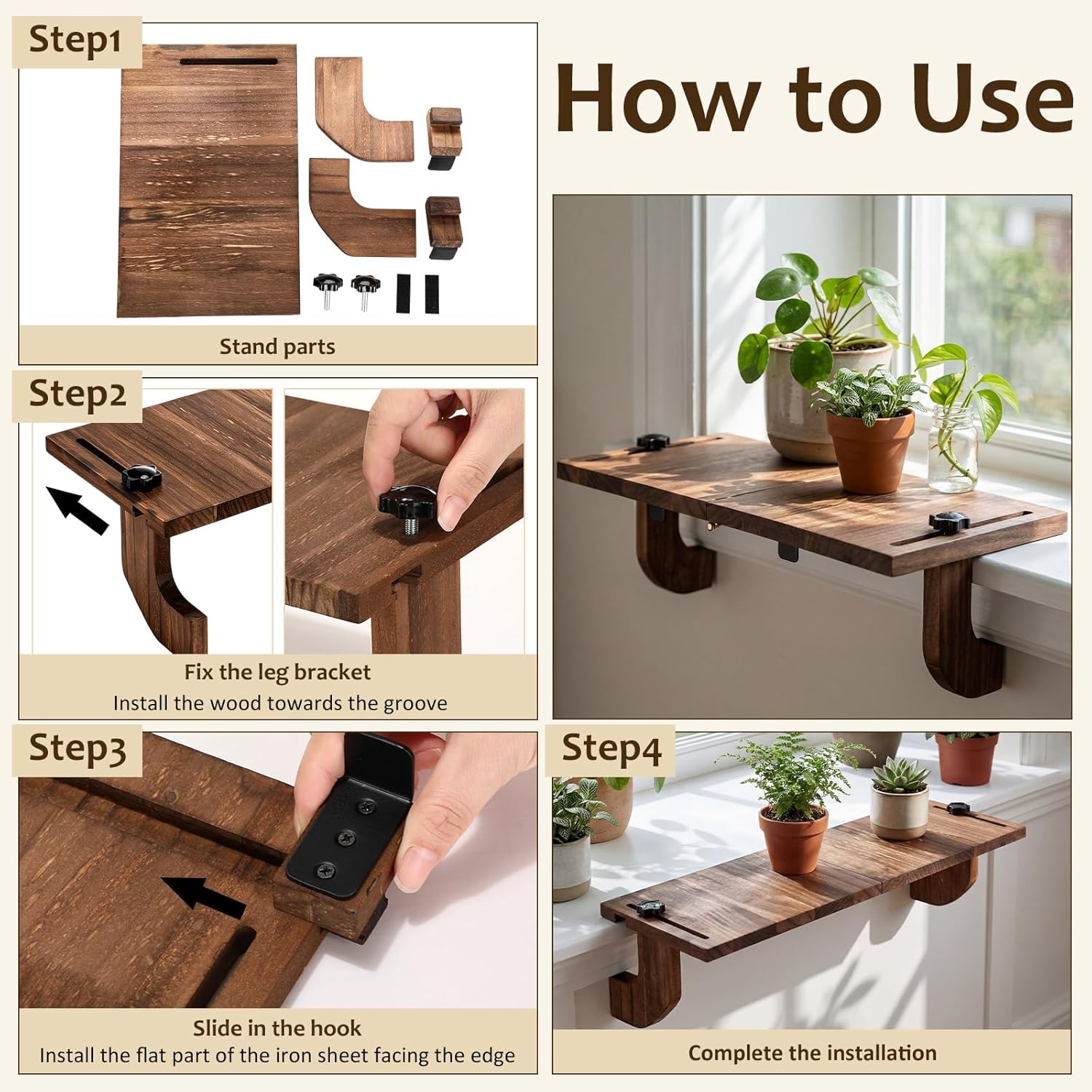 1 Pcs Brown Window Sill Plant Shelf for Plants 21.7 x 7.1 x 5.9 Inch Windowsill Extender Window Plant Floating Shelves No Drilling Wooden Bracket for Cat Perch Planters (Right Angle)