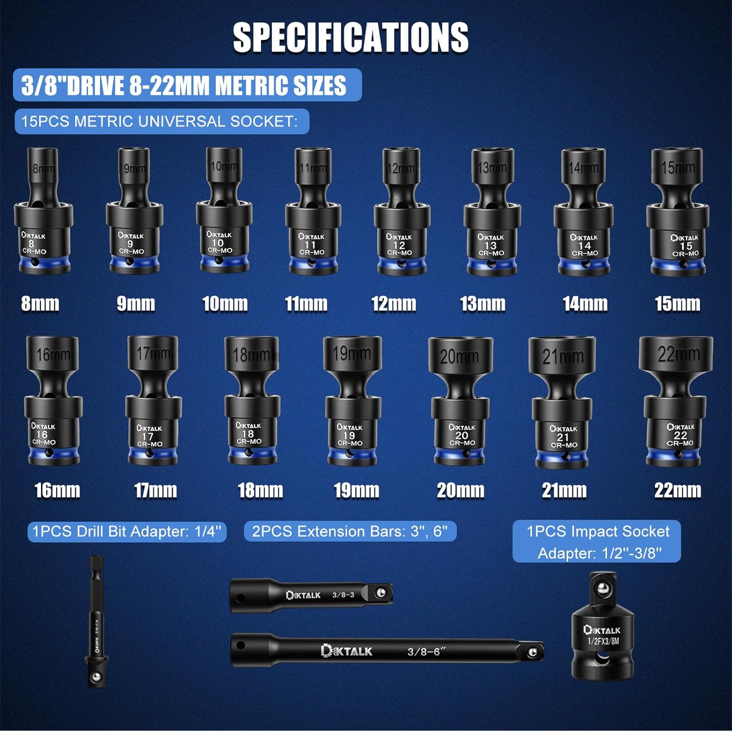 Professional 3/8" Drive Universal Impact Swivel Socket Set, 19-Piece Metric Wobble Socket Set (8-22mm) with Extensions Bars & Socket Adapters, Drill Bit Adapter, Cr-Mo Steel