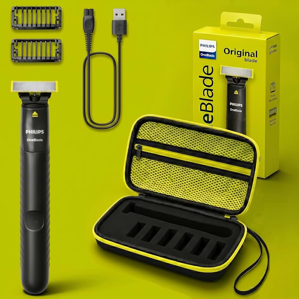 Kit Barbeador Philips OneBlade Original (1 Lâmina, 2 Pentes, Cabo USB) + Estojo Rígido de Viagem Premium