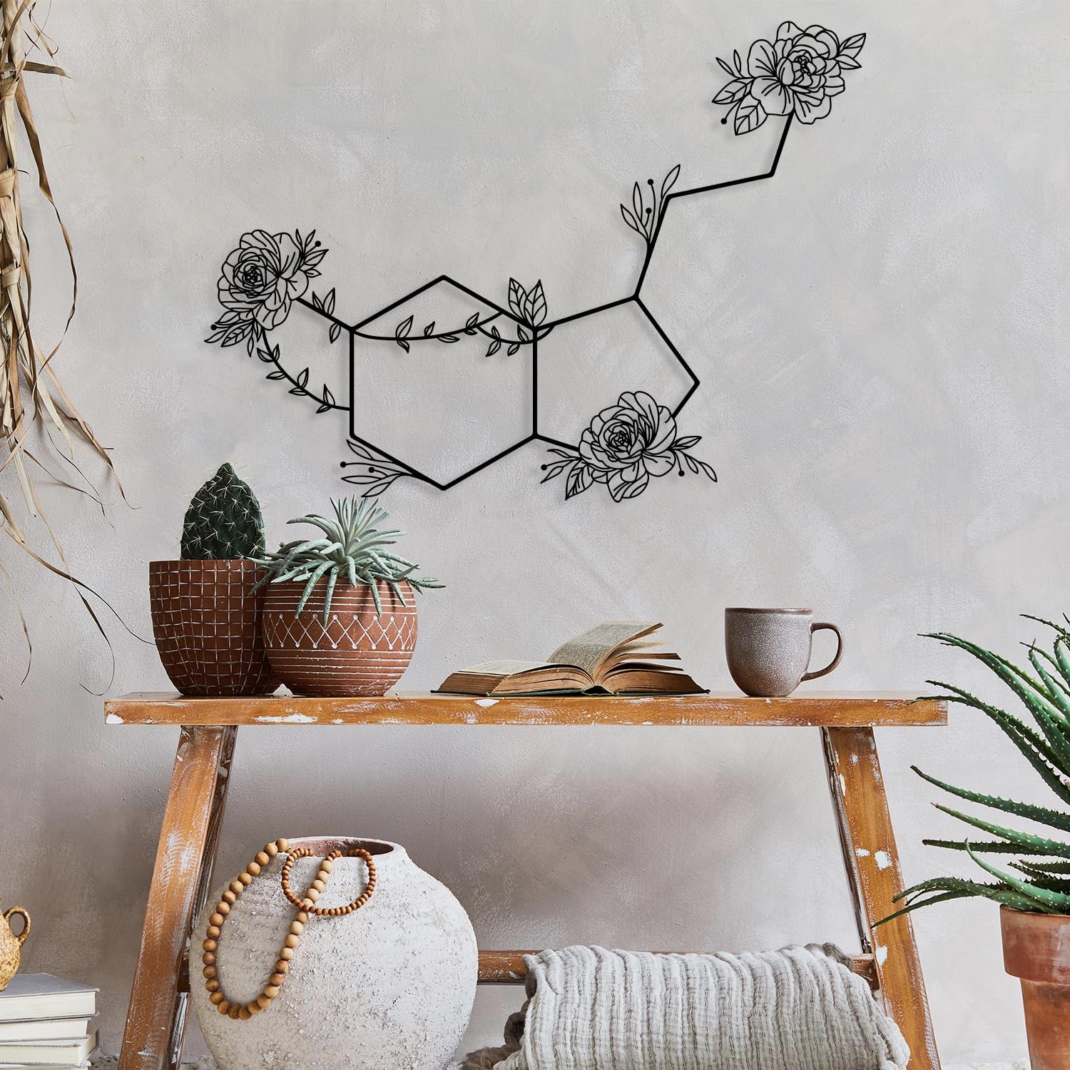 Serotonin Metal Wall Art – Flowered Serotonin Molecule Symbol of Happiness Wall Decor, Unique Black Metal Home Decor for Living Room, Bedroom, Kitchen, Boho Housewarming Gift (Black, 27.5 "x 20" / 70 x 51 cm)