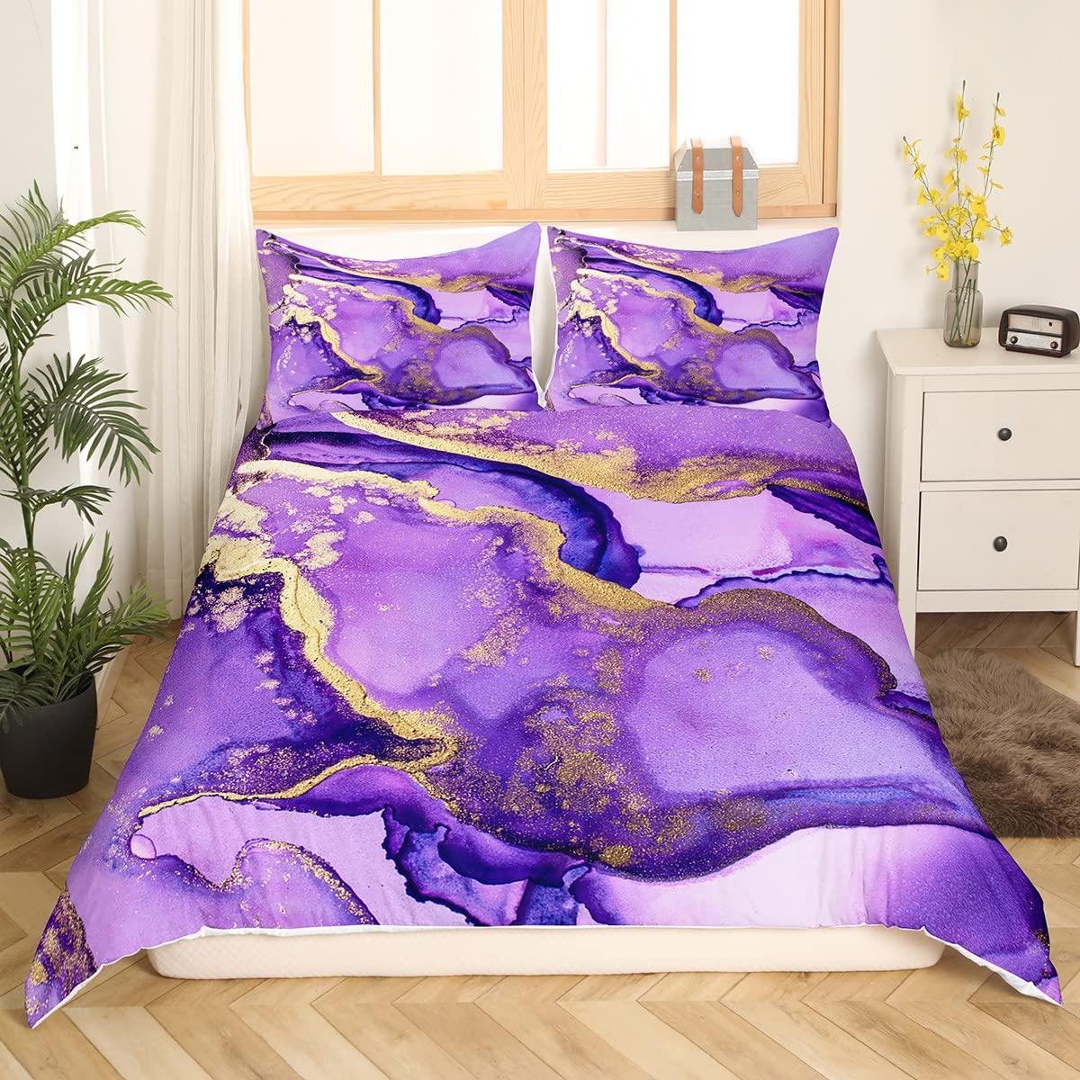 Marble Duvet Cover Set Double Size, Purple and Shiny Golden Marbling Comforter Cover with 2 Pillowcases - Image 3