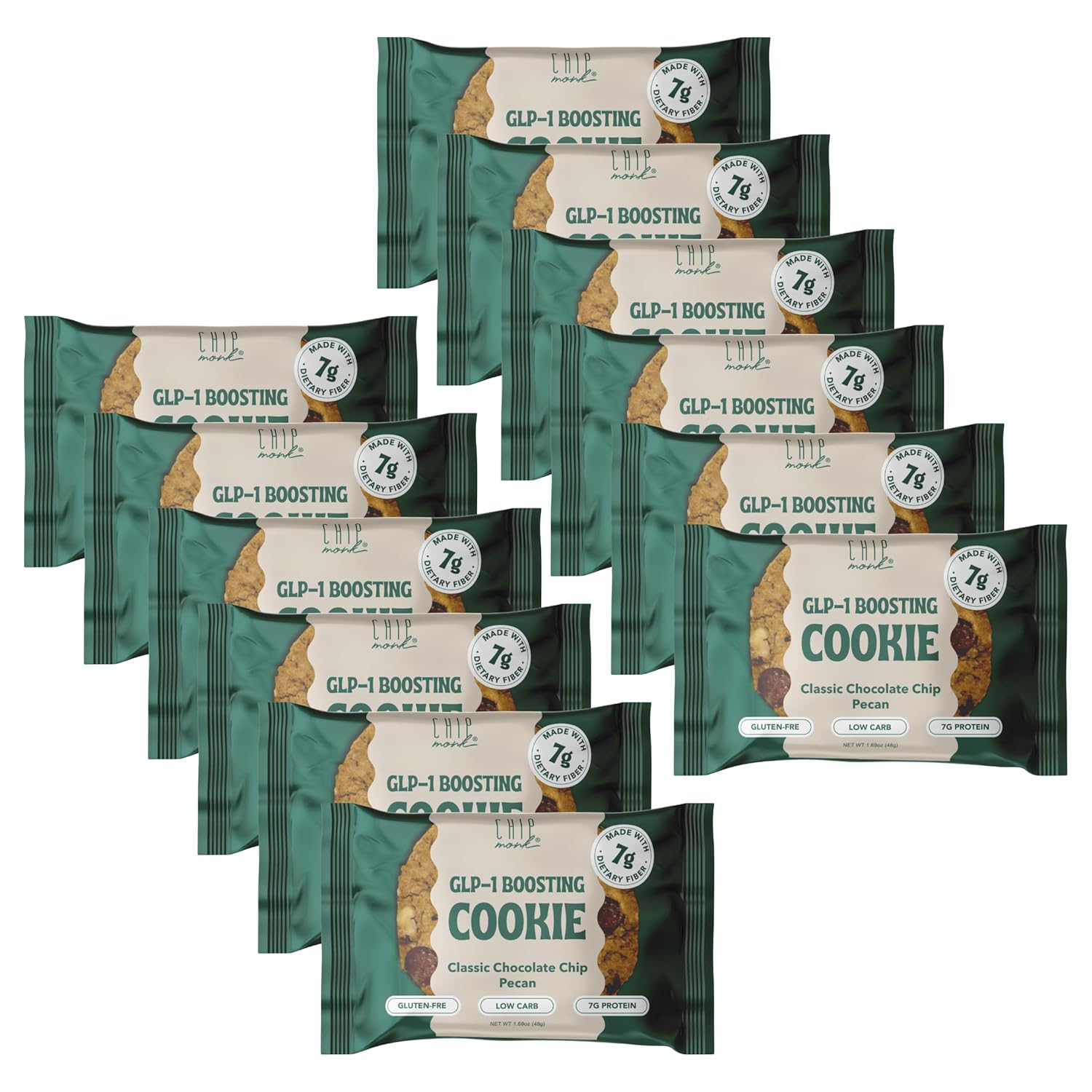 ChipMonk GLP-1 Boosting Cookies - Chocolate Chip Pecan (12 Pack) Low Carb, Gluten-Free, High Protein, Healthy GLP-1 Boosting Sweet Snack with 7g Protein and 7g Dietary Fiber