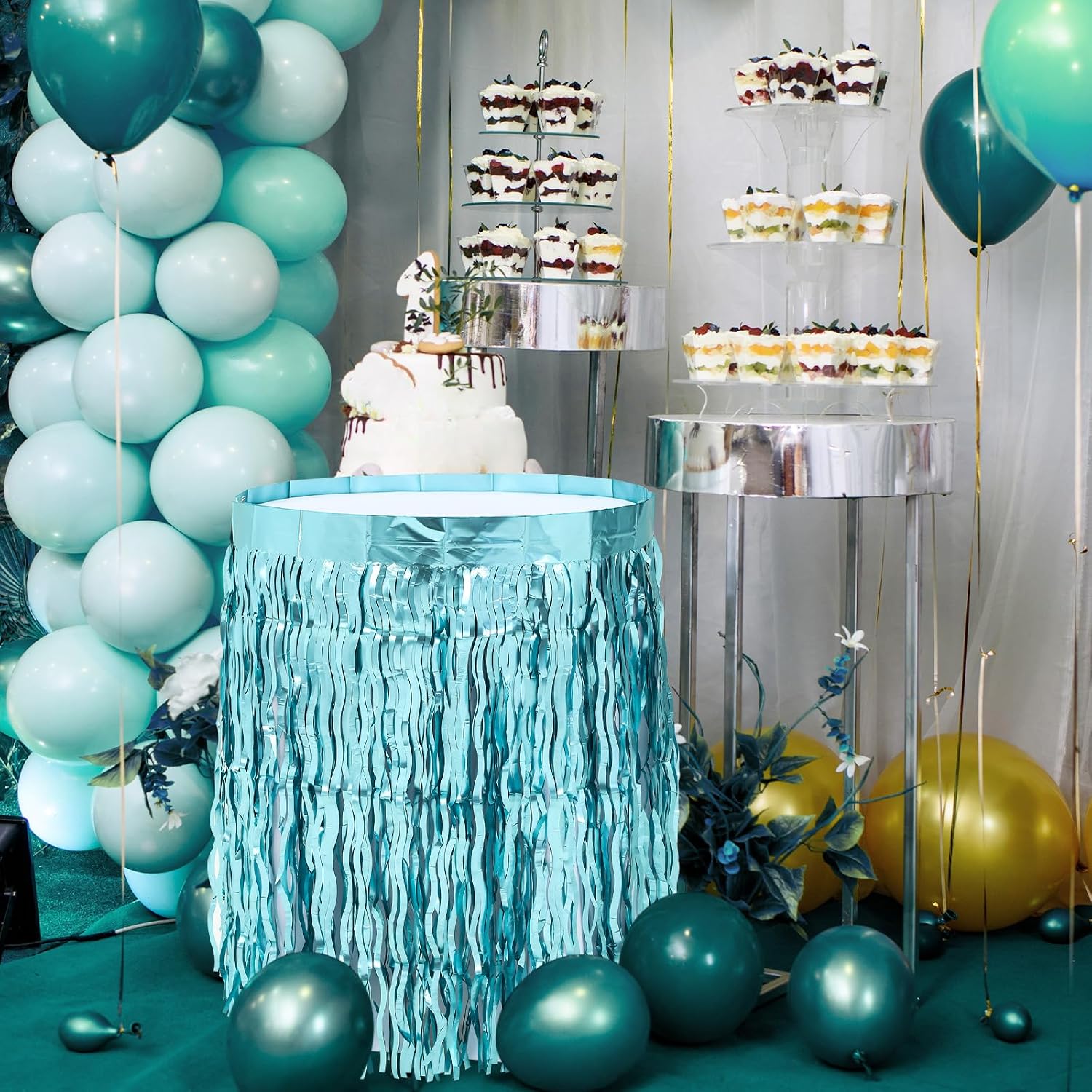 Teenyyou 2 Pack Shiny Wavy Tinsel Foil Fringe Table Skirts, Teal Blue