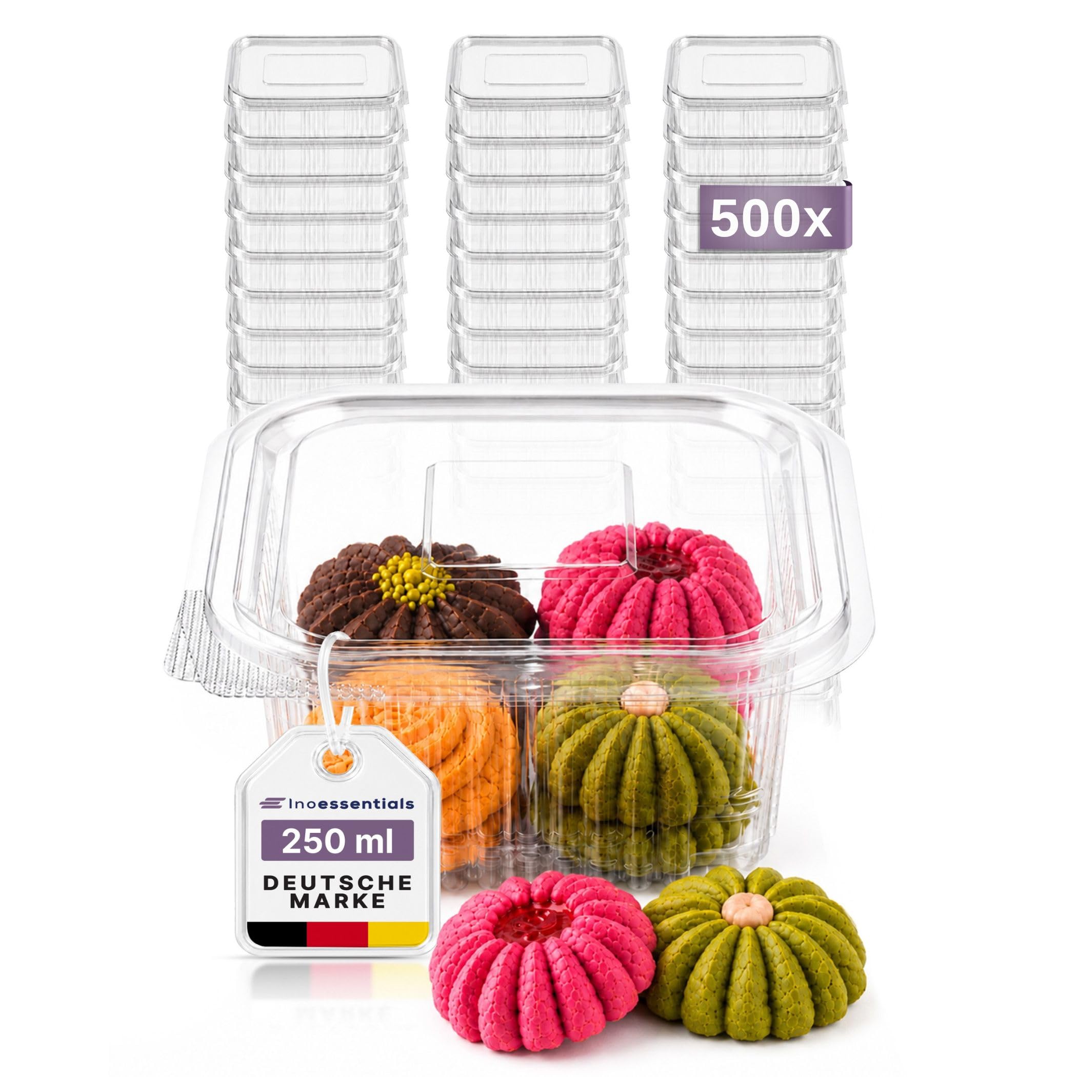 Inoverse Lot de 500 gobelets rectangulaires avec couvercle à suspendre - 250 ml - Gobelets à salade rectangulaires transparents en PET - Récipients en plastique pour aliments