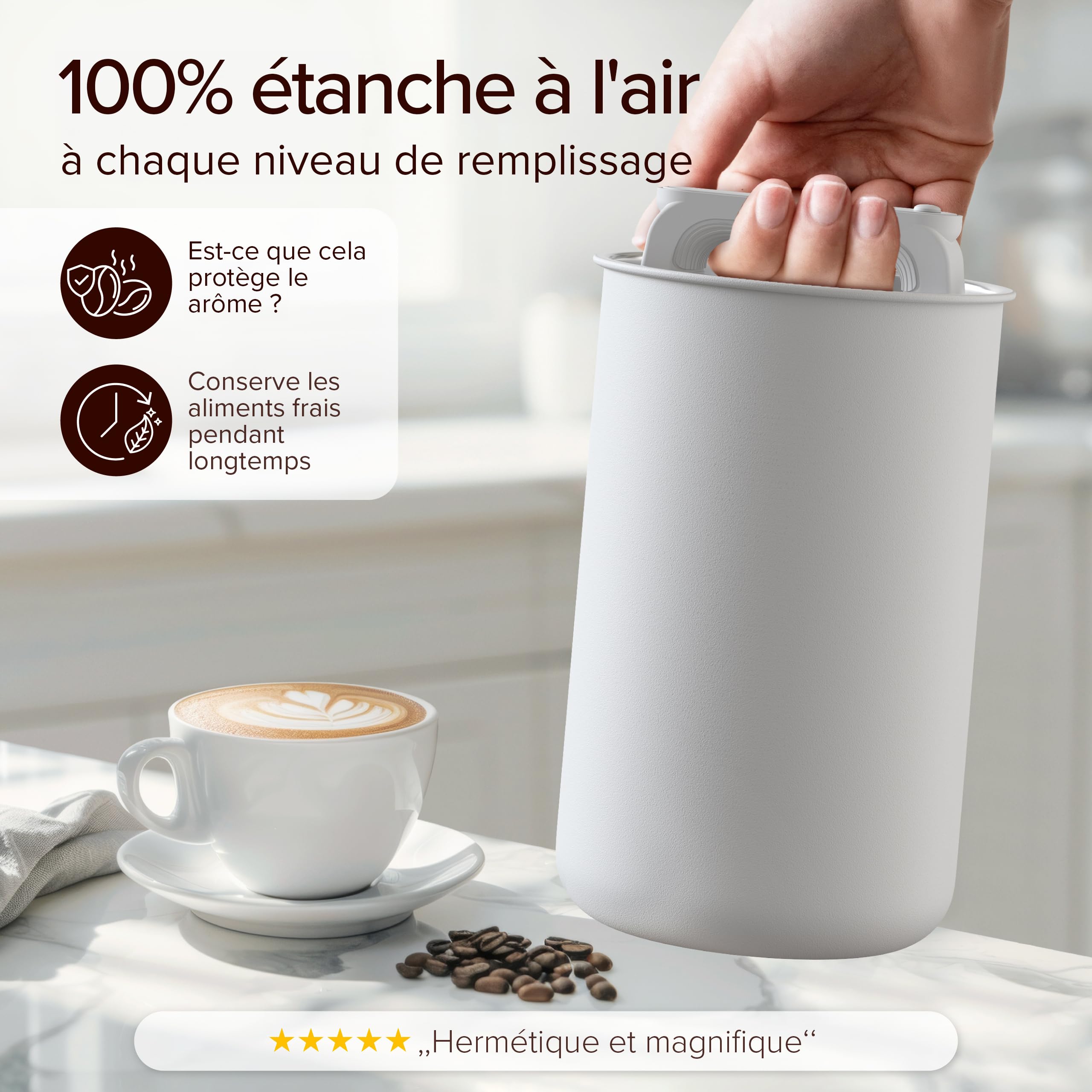KC Kitchen & Co. Boîte à café hermétique pour 1 kg de grains de café - Boîte de conservation en acier inoxydable avec couvercle sous vide et fermeture aromatique - Boîte de rangement pour café, thé