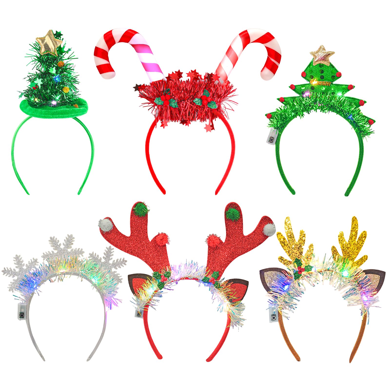 wokdsbl 6 Pack Light Up Christmas Headbands for Adults and Kids, LED Xmas Hair Accessories, Novelty Christmas Headwear