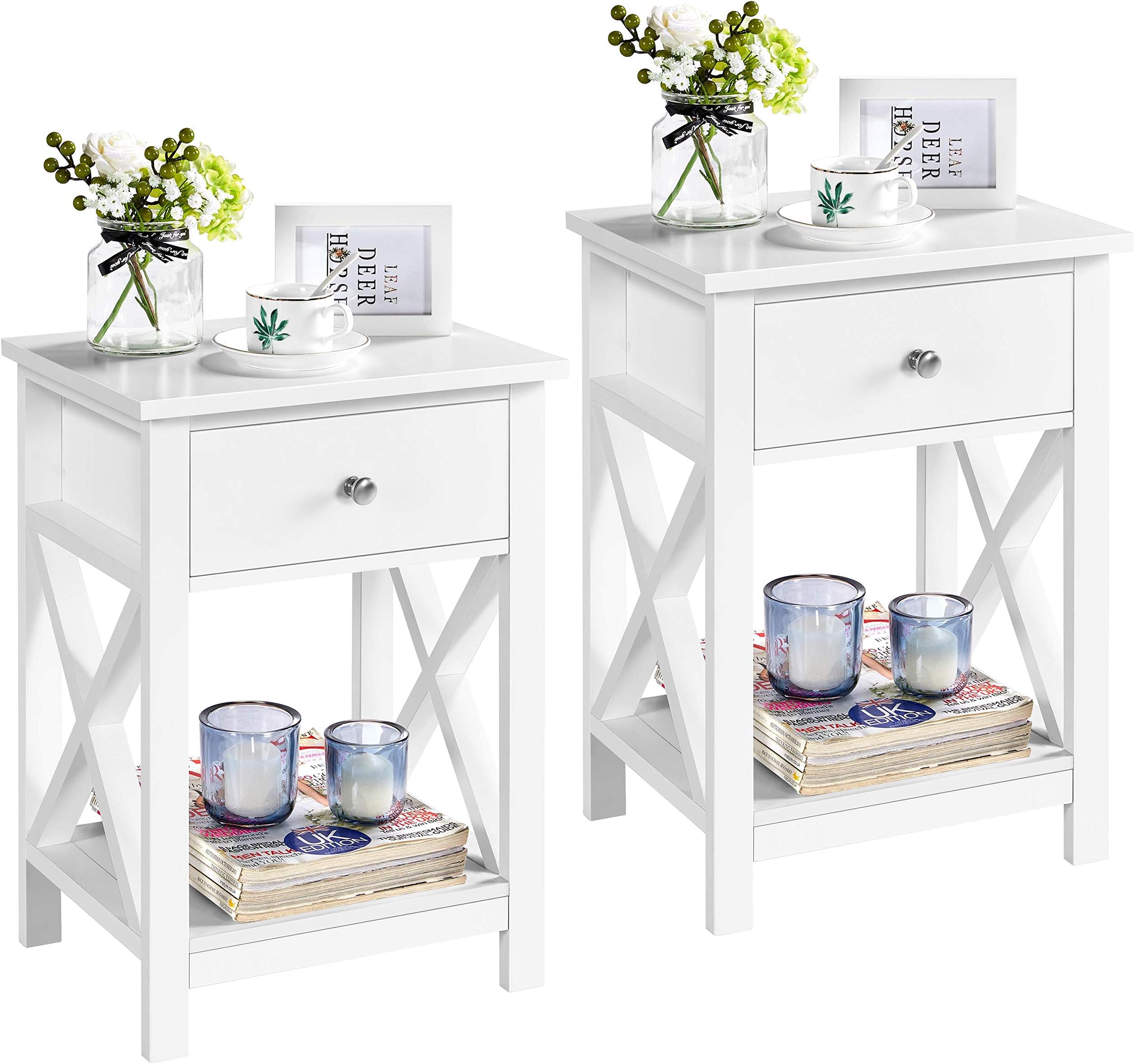 Mesilla Cajón Estante Vintage Mesita De Noche Con Cajón Y Estante - 40x30x55 Cm, Color Blanco Satinado, Diseño Vintage, Ideal Para Dormitorio O Salón Mesita Noche Mdf