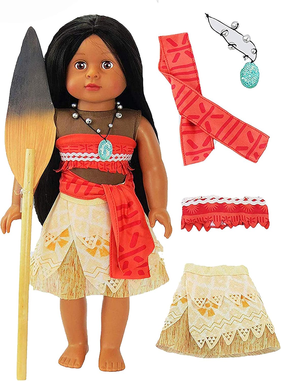 American Fashion World Moana Inspired Outfit with Wooden Paddle Made to fit 18 inch Dolls Compatible with American Girl Dolls