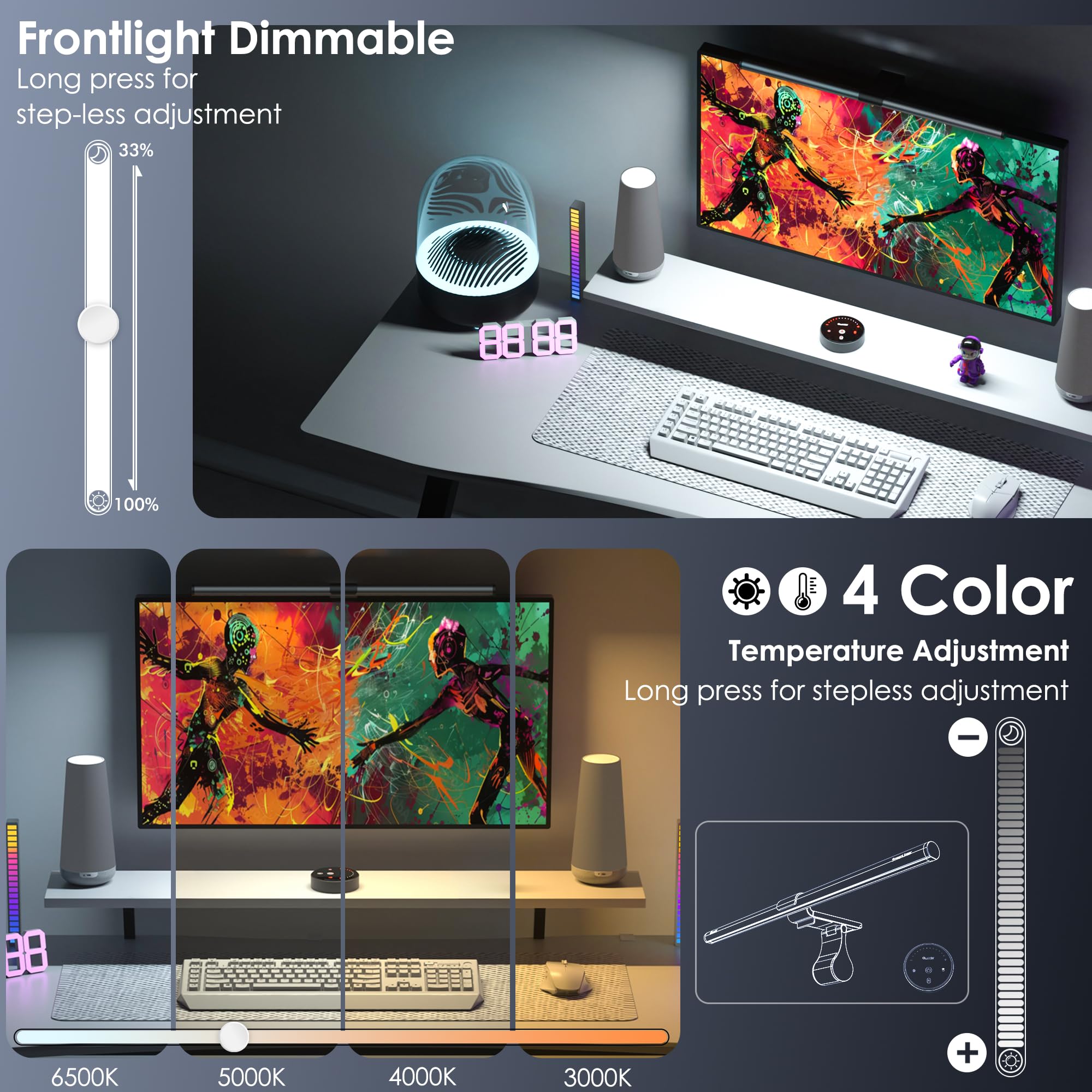 Quntis 51CM Luz Monitor con Retroiluminación Rgb, Lámpara de Monitor Remota con 15 Modos de Retroiluminación, Regulable y Antideslumbrante, Luz Ordenador para Todos los Monitores