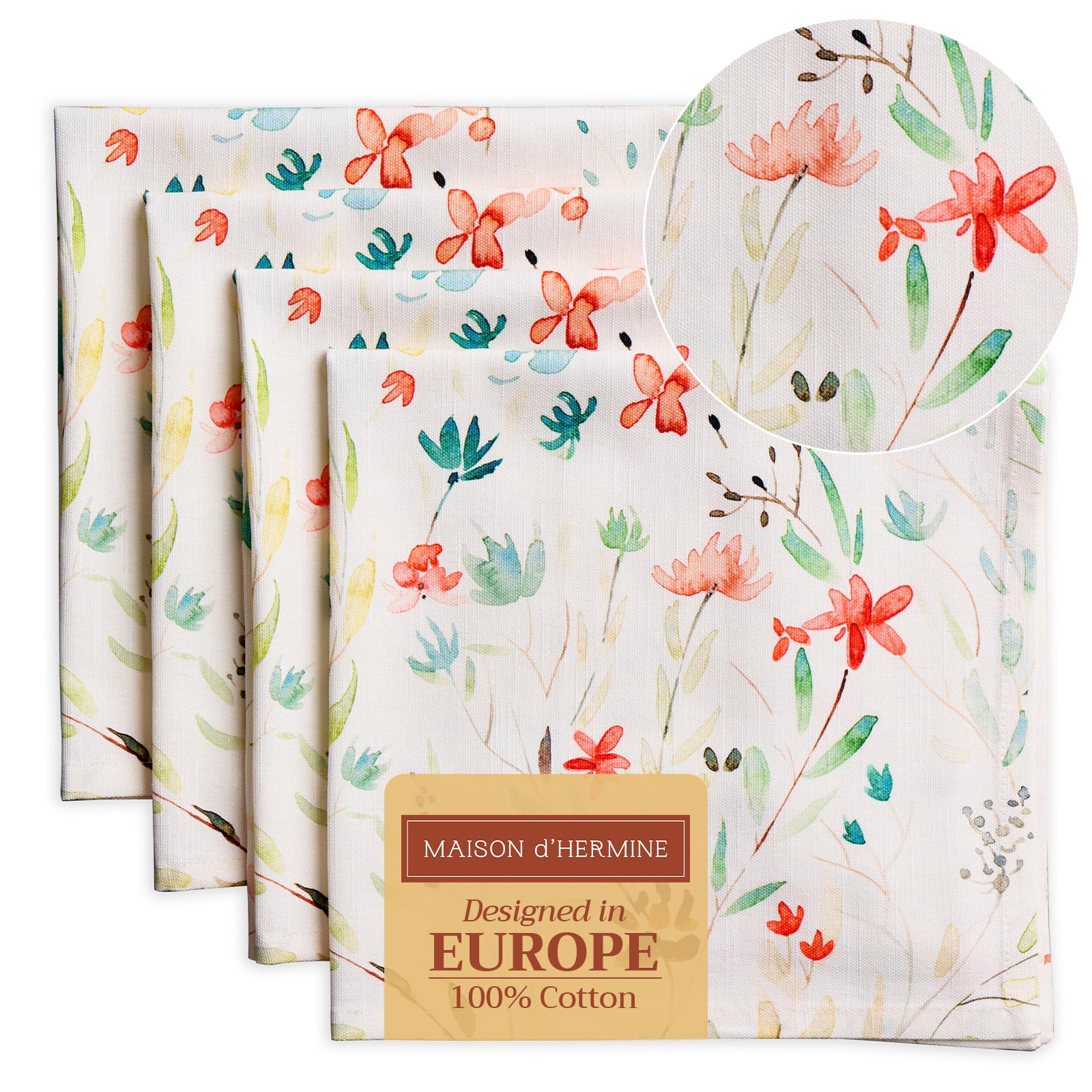 Maison d' Hermine Cloth Napkins Set of 4 100% Cotton Everyday Reusable Square Napkins Cloth Washable, Dinner, Party, Wedding, Restaurant, Spring/