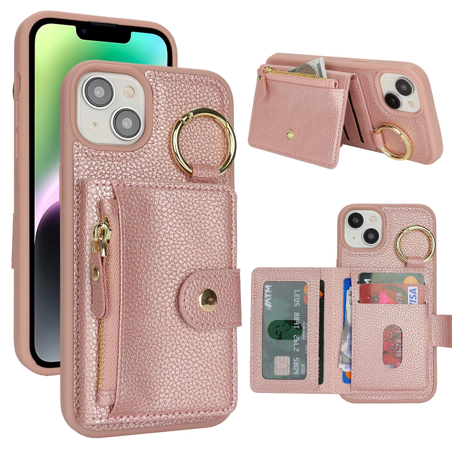 Hamany for iPhone 13 Phone case Wallet with Card Holder,for iPhone 13 Case Wallet with Zipper with Slot Kickstand Stand Case for Women and Man-Pink