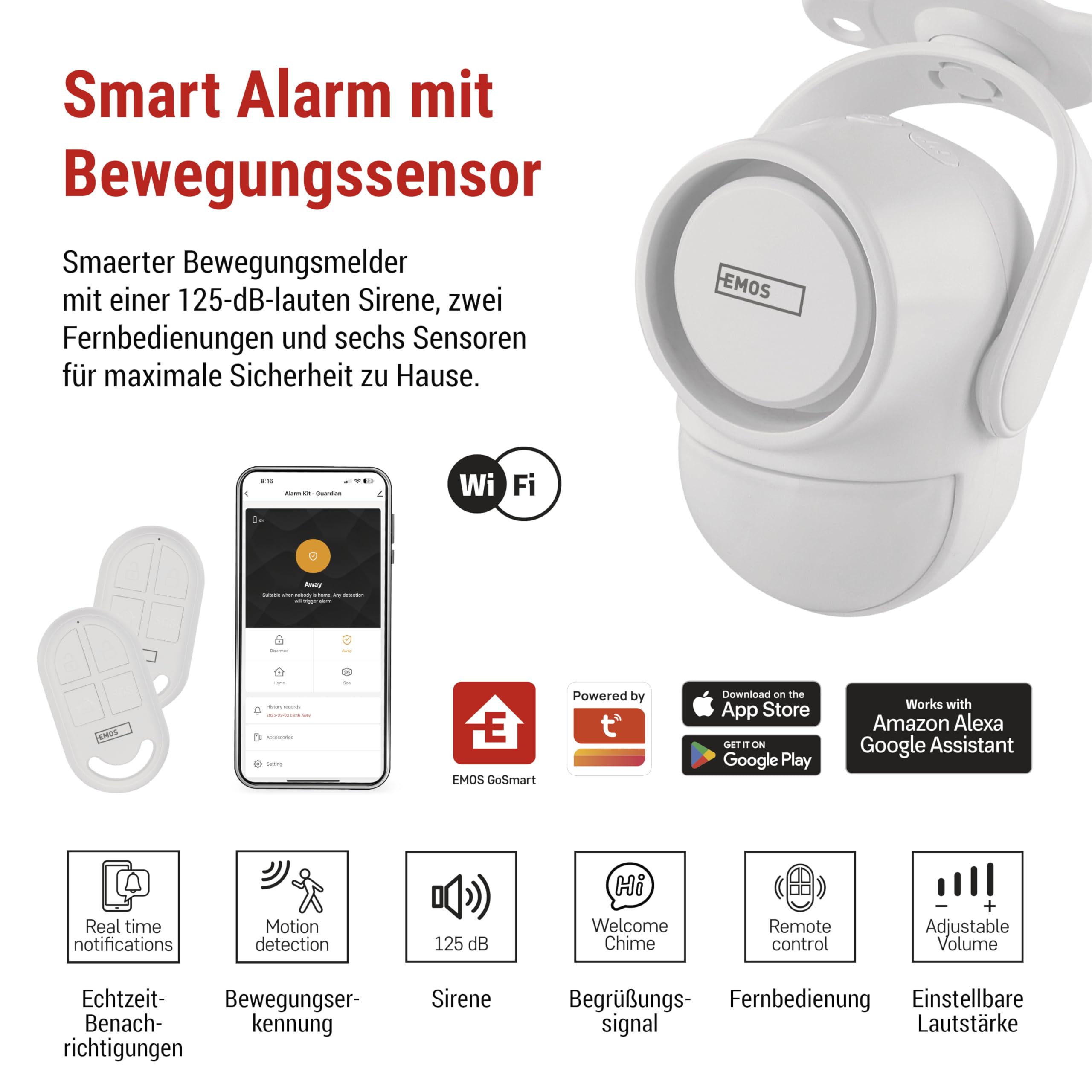 EMOS GoSmart - Alarma PIR con Sirena de 125 dB y aplicación, Doble operación, Kit de Alarma antirrobo, Tipo IP-126L, con 2 mandos a Distancia y 6 sensores de Puerta, Tuya, Smart Life, 2,4 GHz, WiFi