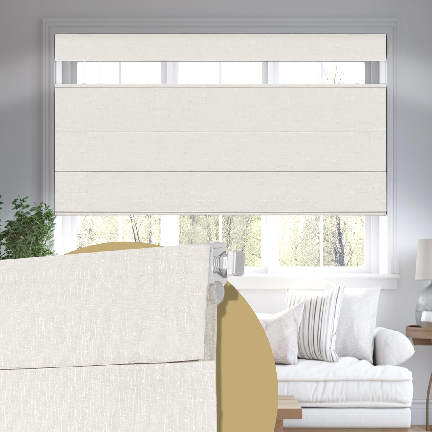 No Drill Roman Shades for Windows Top Down Bottom Up, Cordless 100% Blackout Roman Blinds UV Blocking for Bedroom & Living Room, Smooth Push & Pull, Easy to Install, White, Custom Size