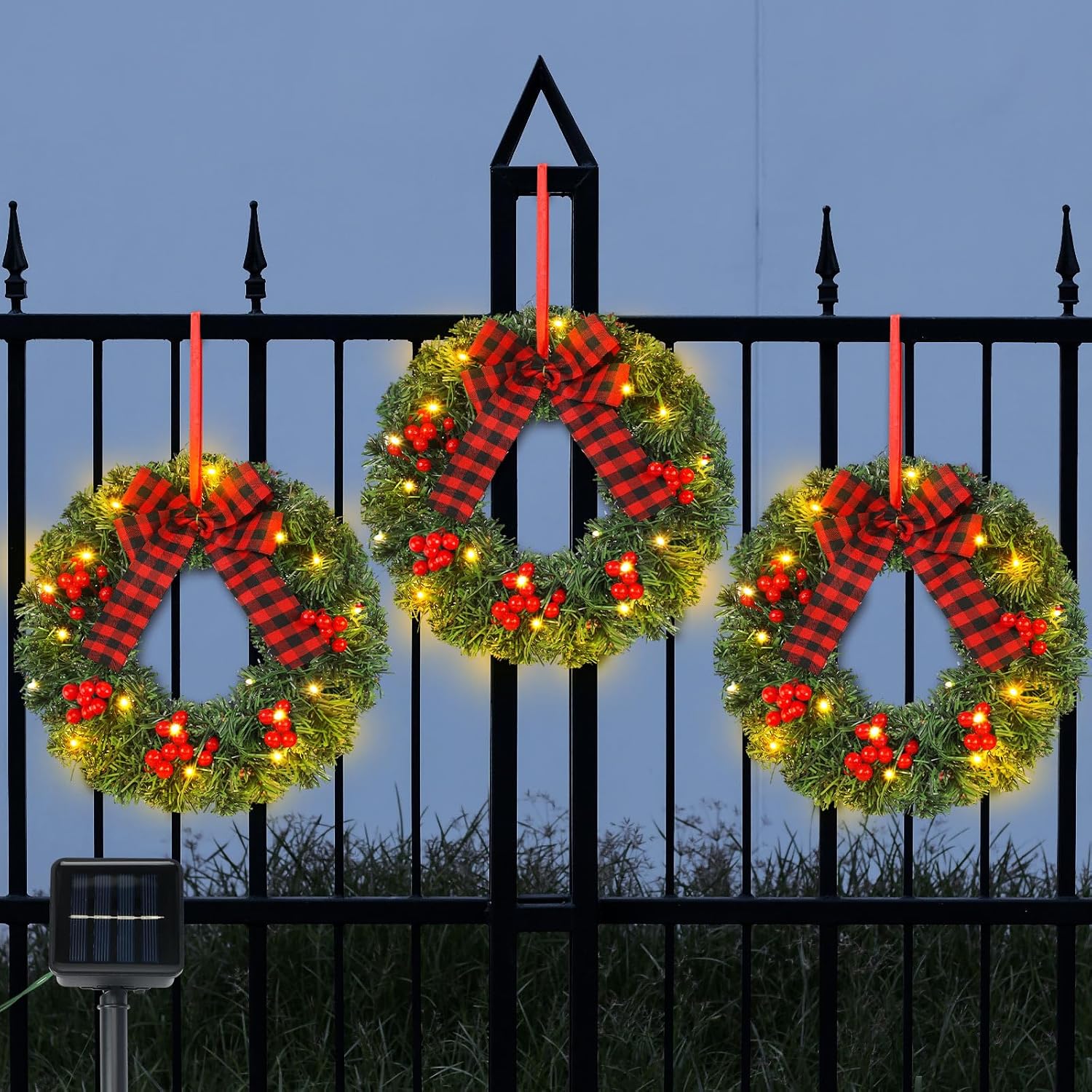 Christmas Wreath Set of 3 Artificial Wreath Fence Wreath with Solar Lighted String Berry and Pine Needles Christmas Outdoor Decoration for Xmas Winter Decor Yard Stairs
