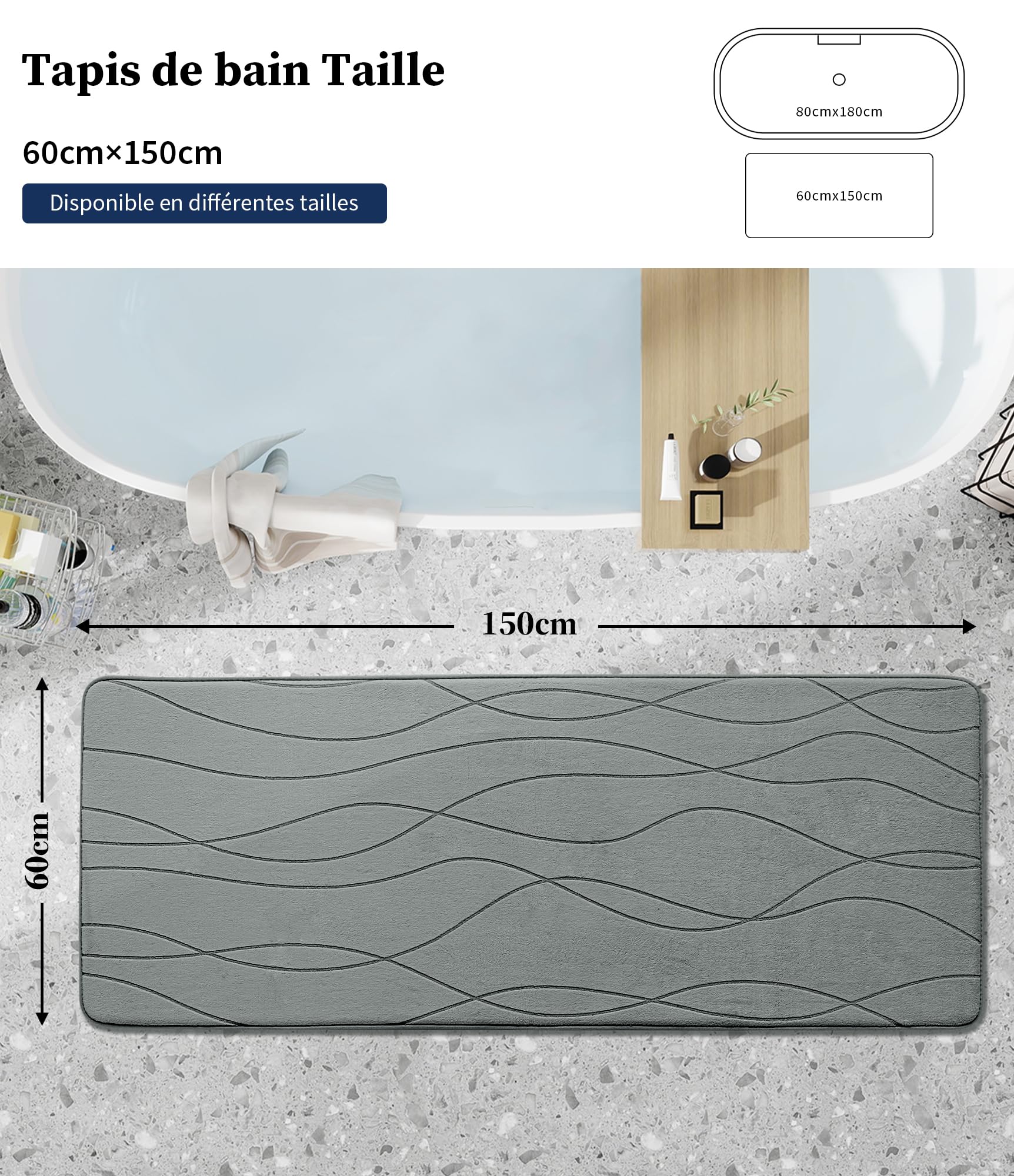 chakme Alfombra de baño de espuma viscoelástica antideslizante, lavable, suave, absorbente, para baño, color gris, 60 x 150 cm