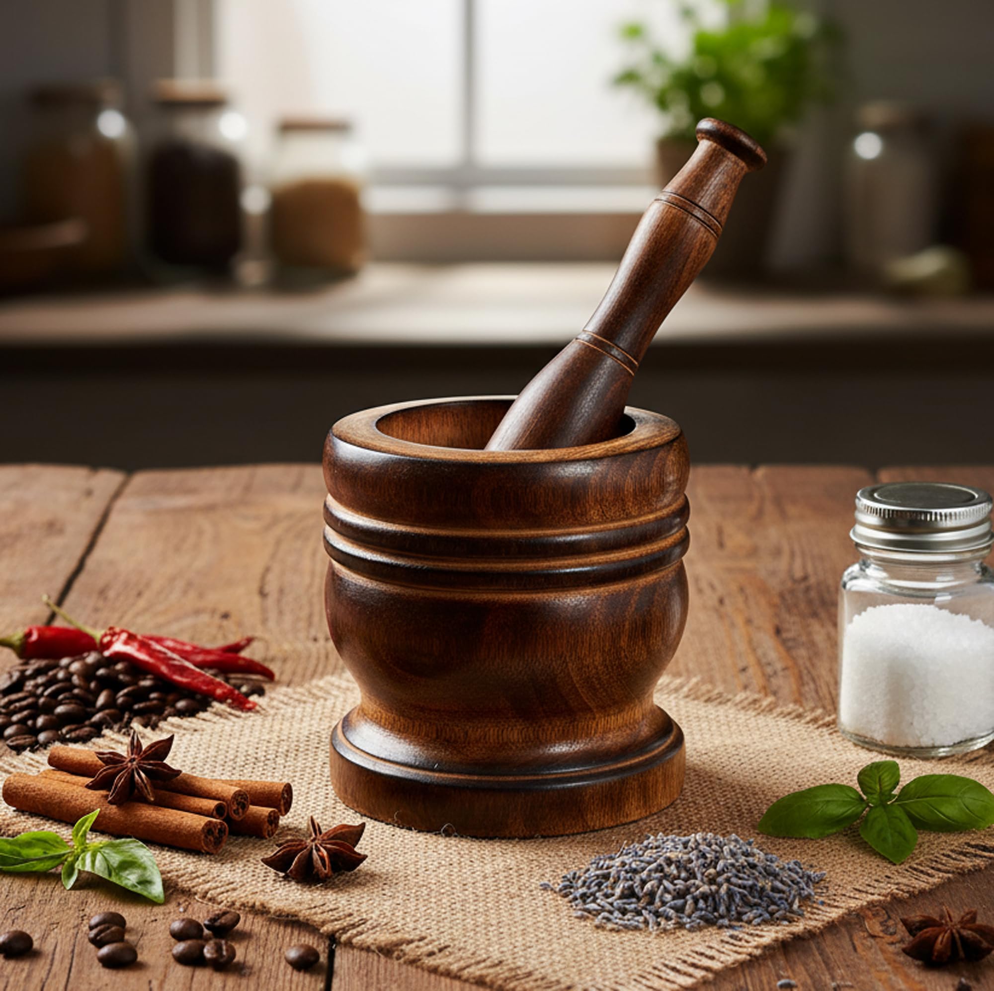 KLEO Wooden Grinder Masher for Spices & Medicine | Okhli Musal Set | Mortar Pestle Set | Imaam Dasta, Kharal, Khalbatta for Kitchen (Brown, 5" Inches) - Image 2 thumbnail