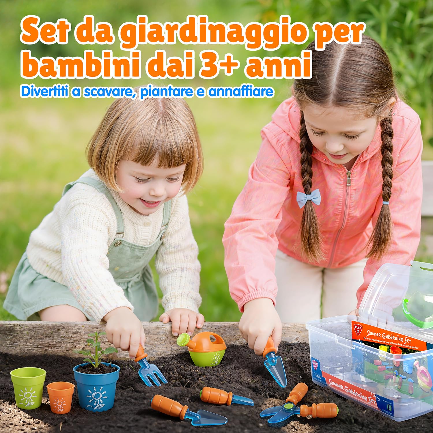 PLAY Set Attrezzi Giardino per Bambini, Utensili Giardino con Pala, Forchetta, Forbici, Vaso, Annaffiatoio, Targhetta e Contenitore, Kit Giardino per Bambini dai 3 Anni in su