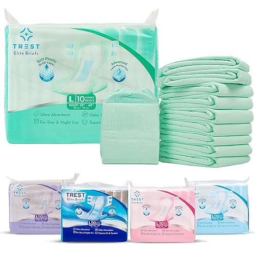 TREST Elite Briefs for Men and Women, Overnight Diapers for Incontinence, Elite Absorbency, Comfortable, Odor Neutralizing and Secure Fit with 2 Wide Tabs - Green, Large (Pack of 10) - Green - Large (Pack of 10)