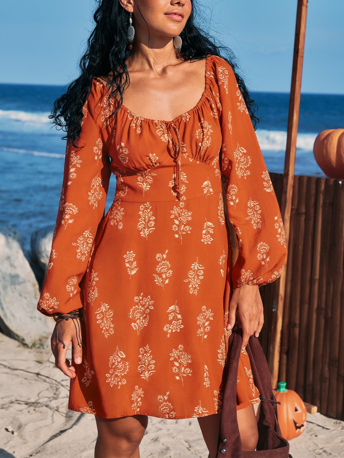 CUPSHE Abiti autunnali da donna a maniche lunghe con scollo rotondo casual coulisse floreale a vita alta elegante mini abito da festa