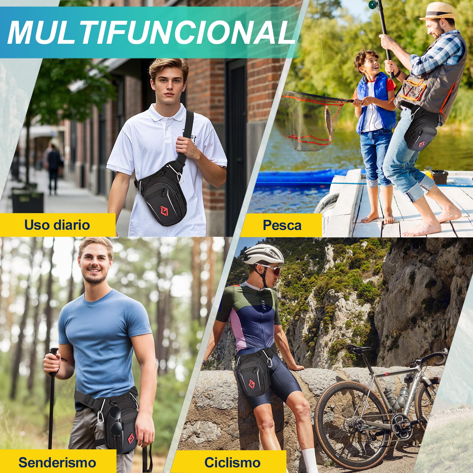 Eshow Pernera Moto Ampliable, Bolsa Pierna con Correas Ajustables y Tira Reflectante para Hombre y Mujer, Riñonera para Viajes Senderismo Ciclismo Montañismo Trabajo Deporte Negro