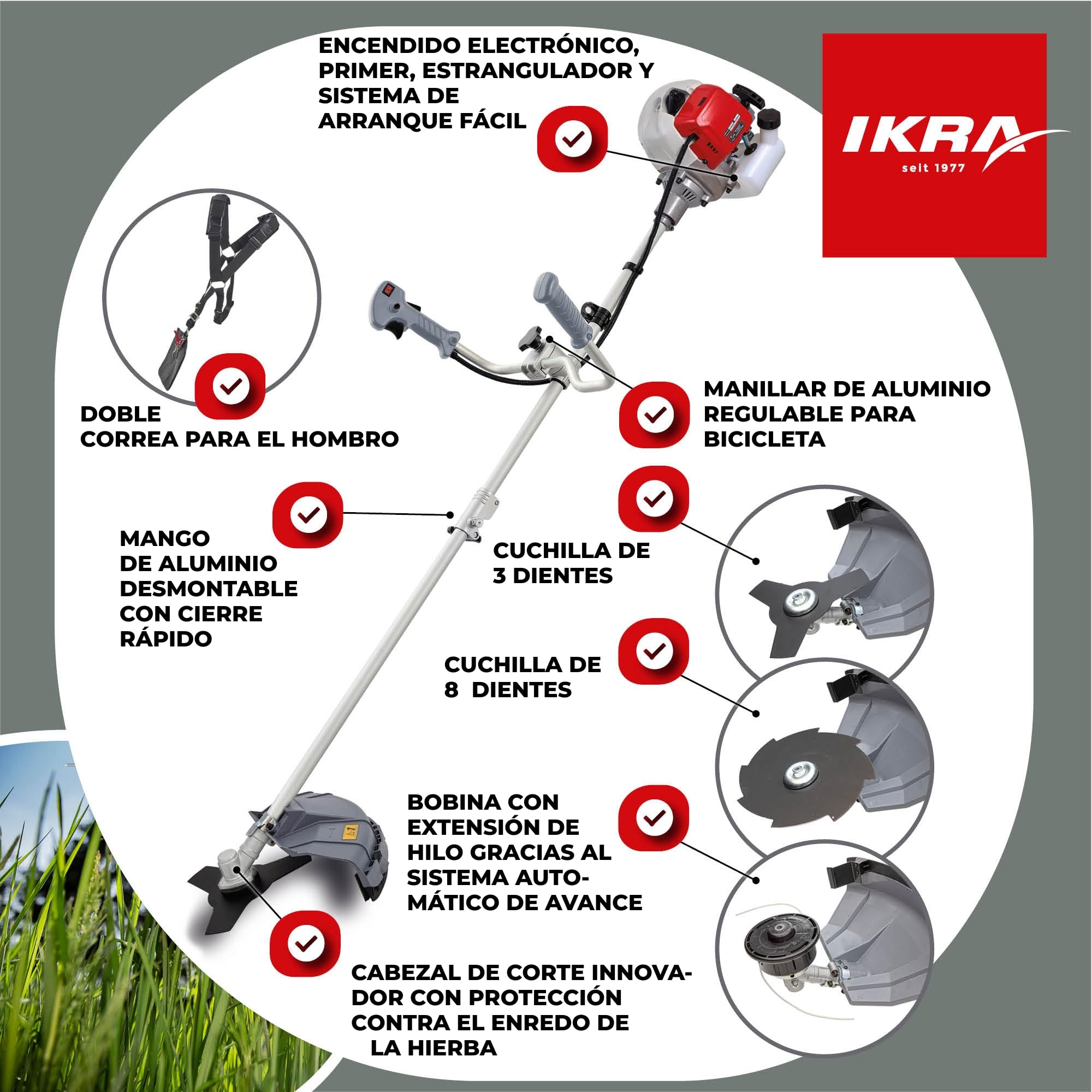 IKRA desbrozadora a Gasolina IBF 43 con útiles Accesorios, 42,7 cm³, 1,1 kW | Incluye cuchillas de 3 y 8 dientes, 2 bobinas y correa para el hombro, motor de 2 tiempos, sistema de arranque fácil