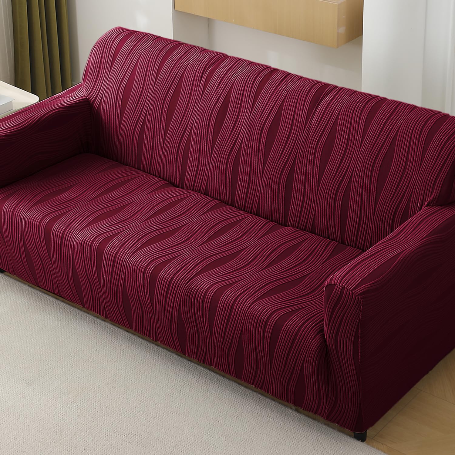 HOKIPO 200 GSM Premium Knitting Jacquard Fully Covered Stretchable Sofa Cover for 3 Seater, 'Nestiva Series' Burgundy (AR-5309-BRGN)