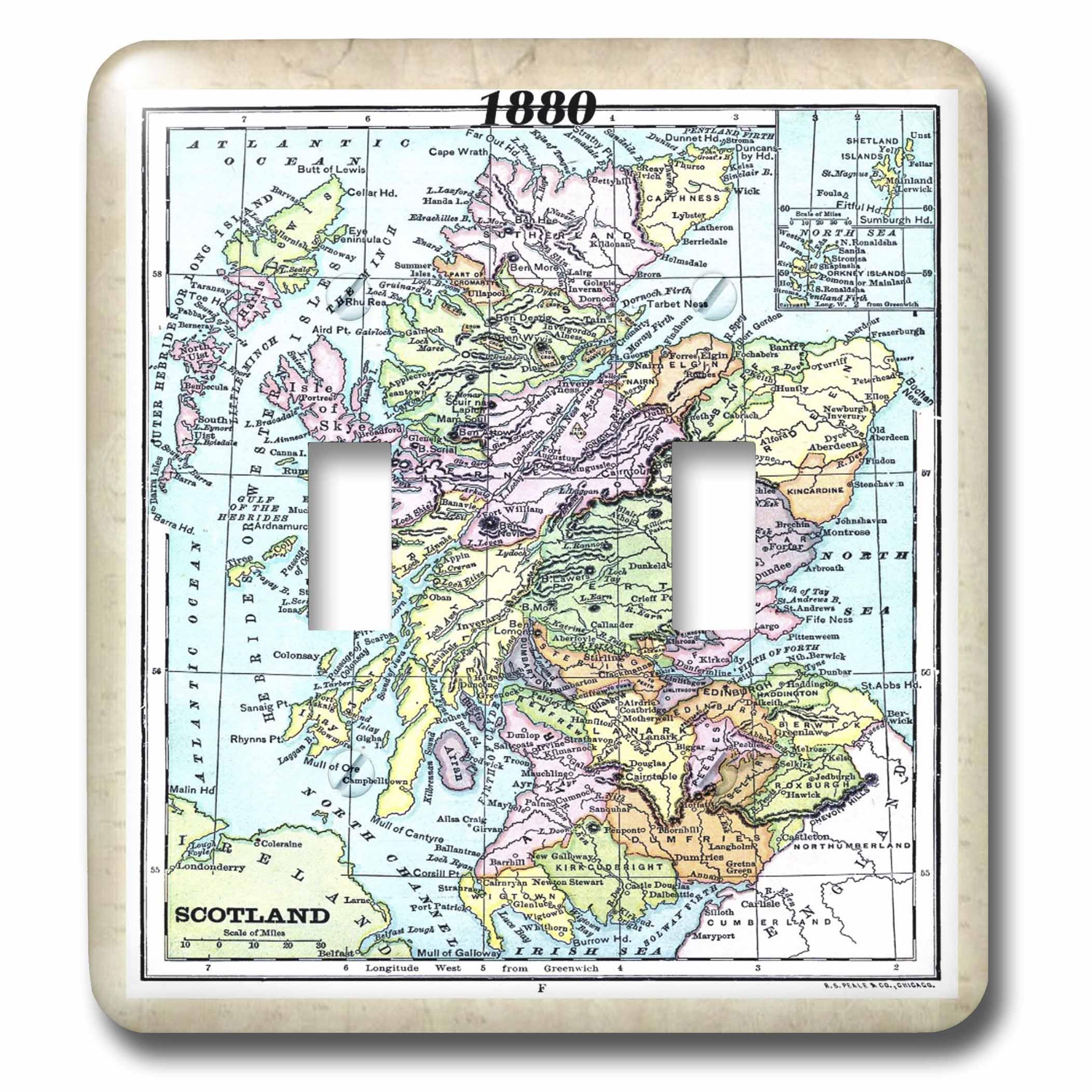 Interruptor doble con mapa de Escocia de 1880 decorativo para iluminación vintage