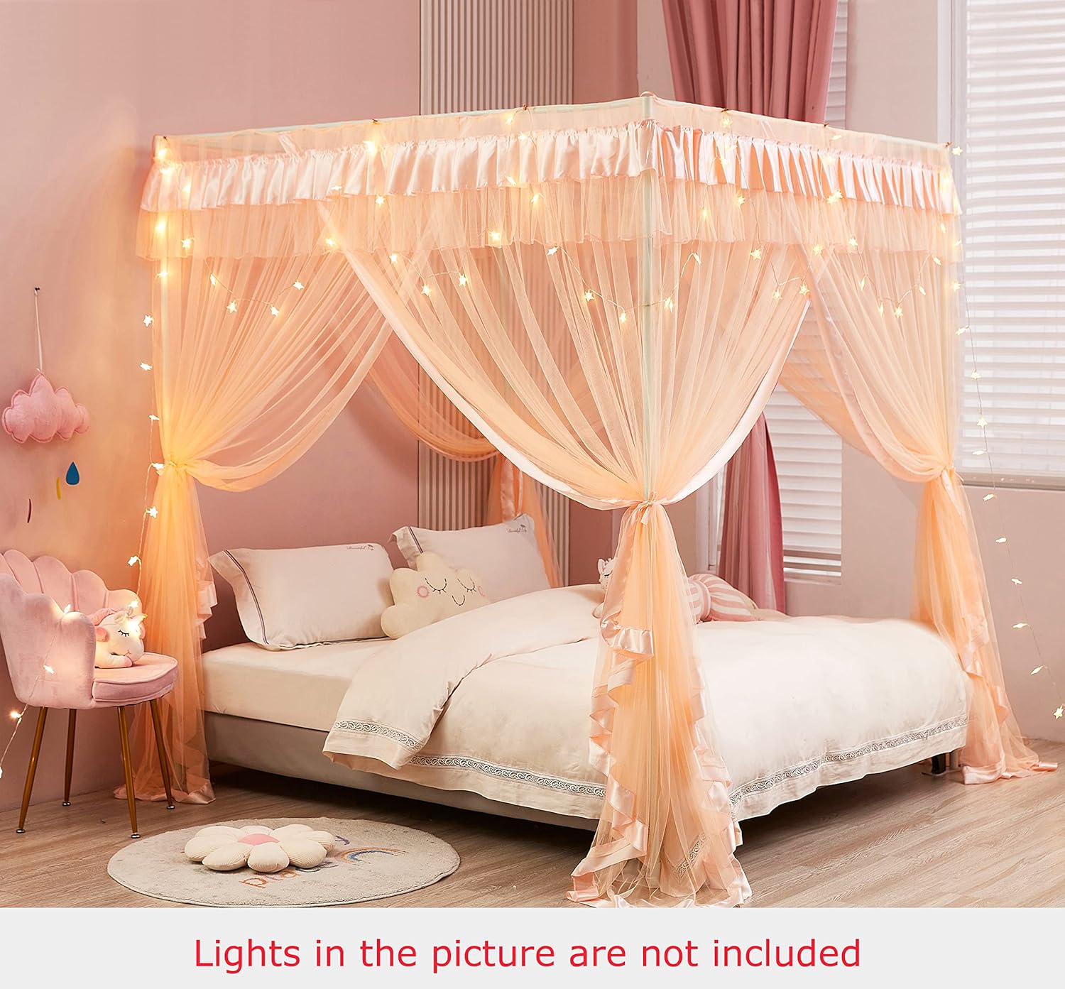 Mengersi Canopy Bed Curtains Twin Sizes,Bed Canopy for Girls Royal Luxurious Cozy Bed Drapes Girls Room Decor(Peach,Twin)