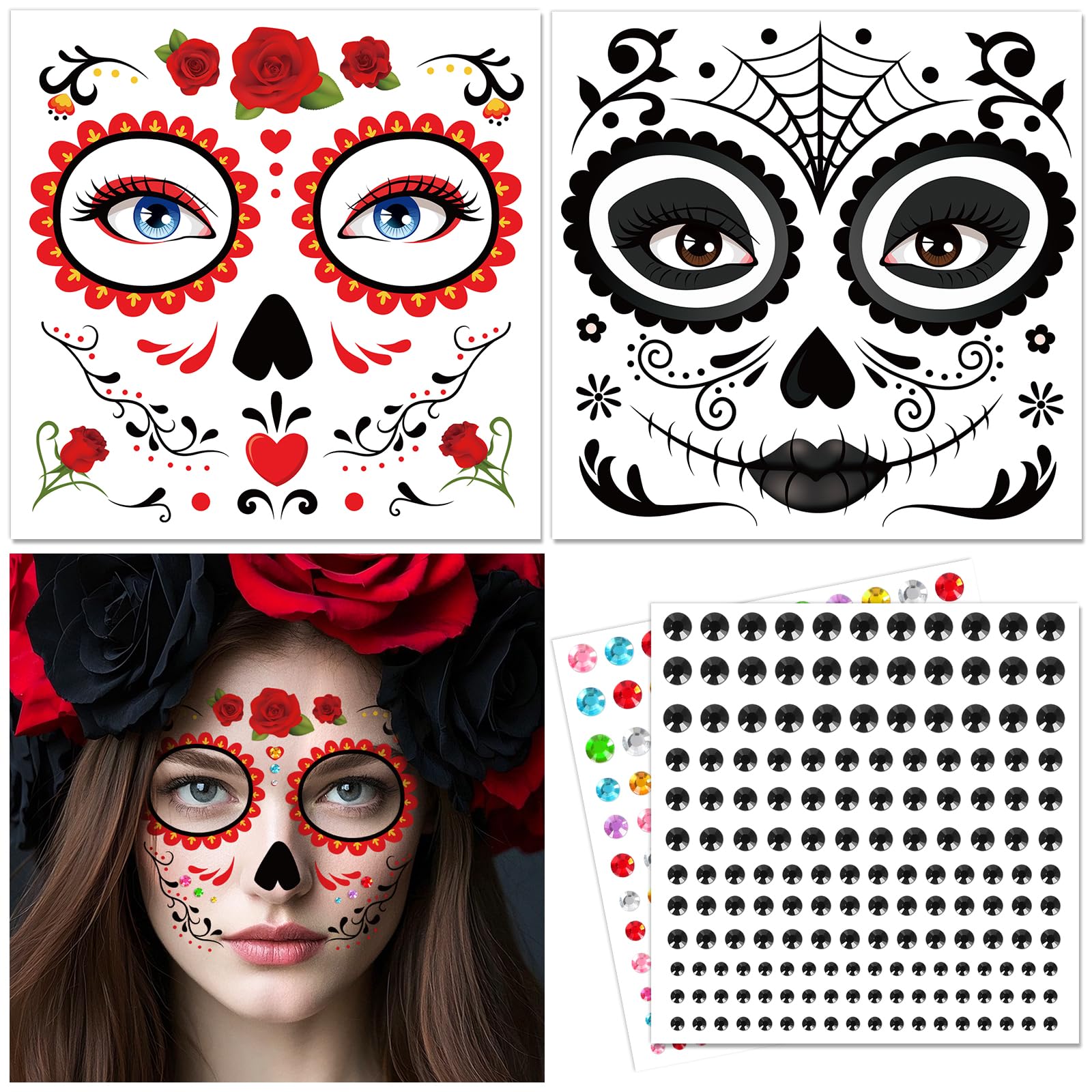 DPKOW Sugar Skull Face Tattoos Halloween Makeup Accessories Day of the Dead Adults Women Men