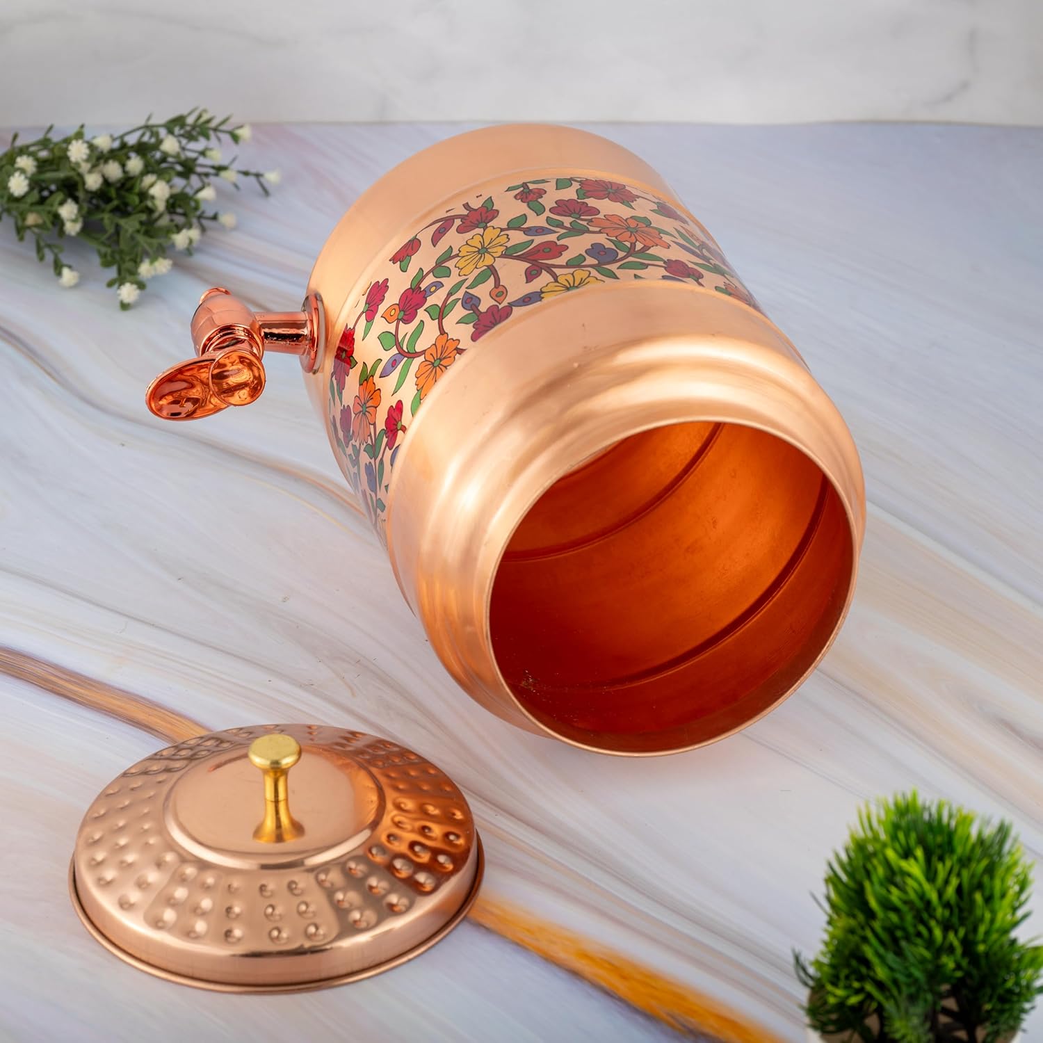 Pure Copper Water Dispenser Tank with Floral Print 5L | Leak-Proof Tap & Hammered Lid | Ayurvedic Health Benefits Artisan Water Storage Pot for Home, Office & Kitchen Decor by Raj Gharana Metals