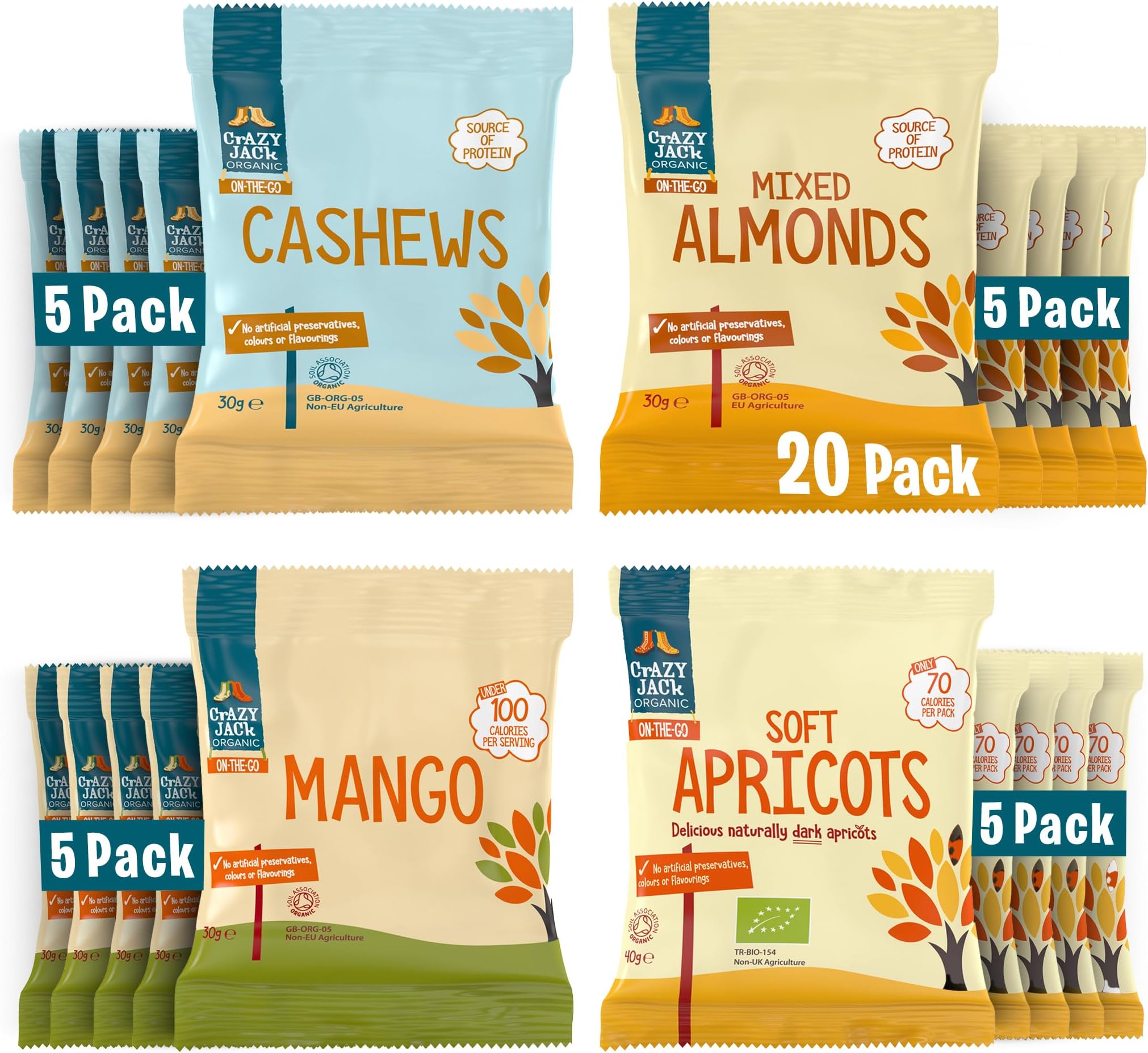 Crazy Jack Organic Fruit & Nut Snacking Bundle 20 x 30g–40g Snack Packs | Cashew Nuts, Mixed Almonds, Dried Mango & Soft Apricots | 100% Organic, No Added Sugar | Healthy Vegan Snack Variety Pack