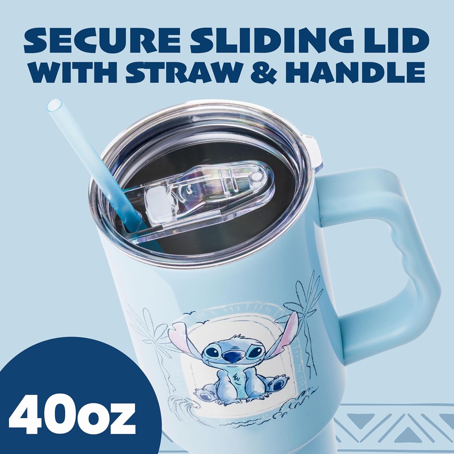 Silver Buffalo Disney Lilo and Stitch Minimalistic Design Ocean and Tropical Double Walled Stainless Steel Tumbler with Handle and Straw, Fits in Standard Cup Holder, 40 Ounces - Image 3