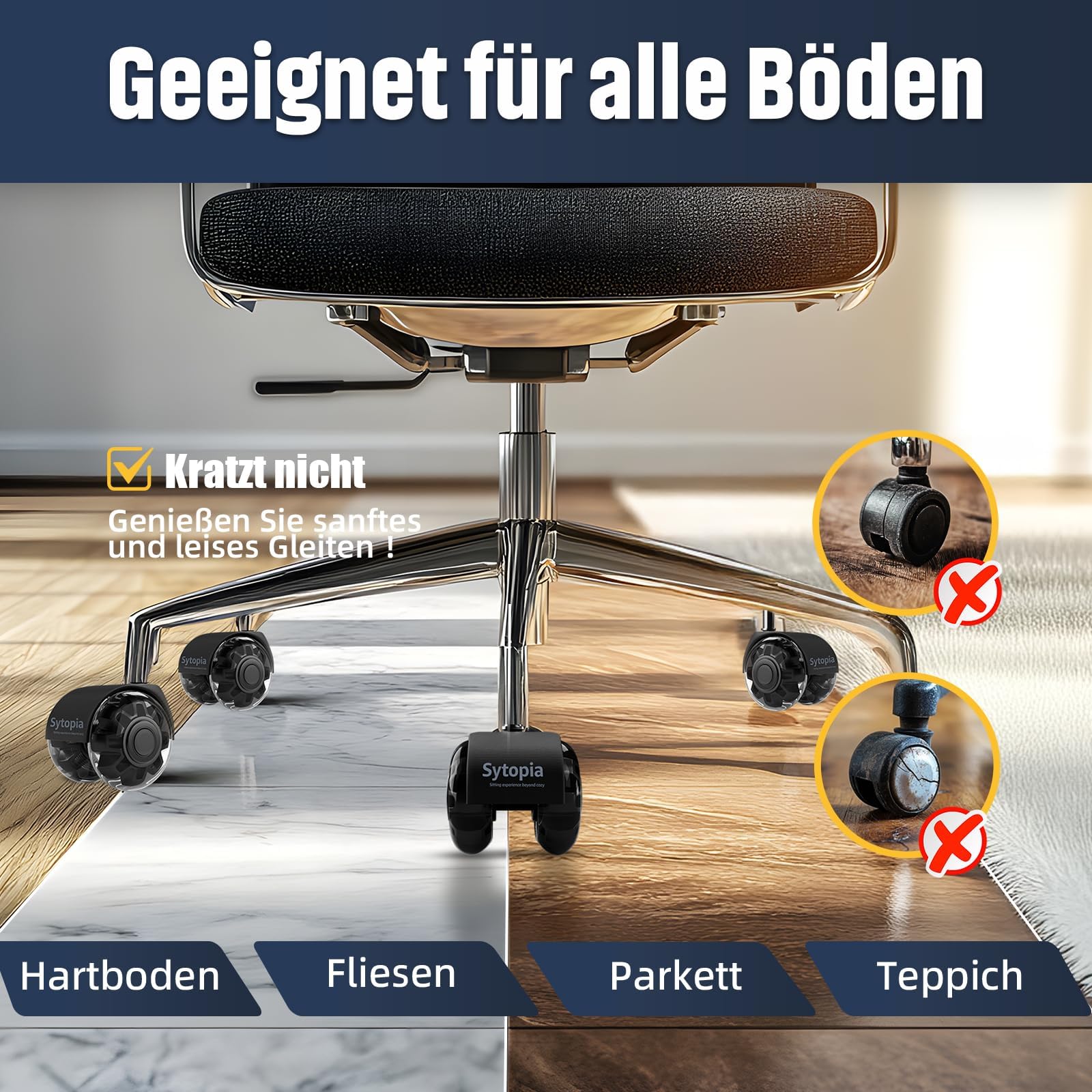 Sytopia Ruedas para silla de oficina con vástago de 10mm x 22mm, juego de 5 ruedas para sillas de oficina IKEA, ruedas para suelo duro para reemplazar ruedas de silla, alfombrilla protectora de suelo